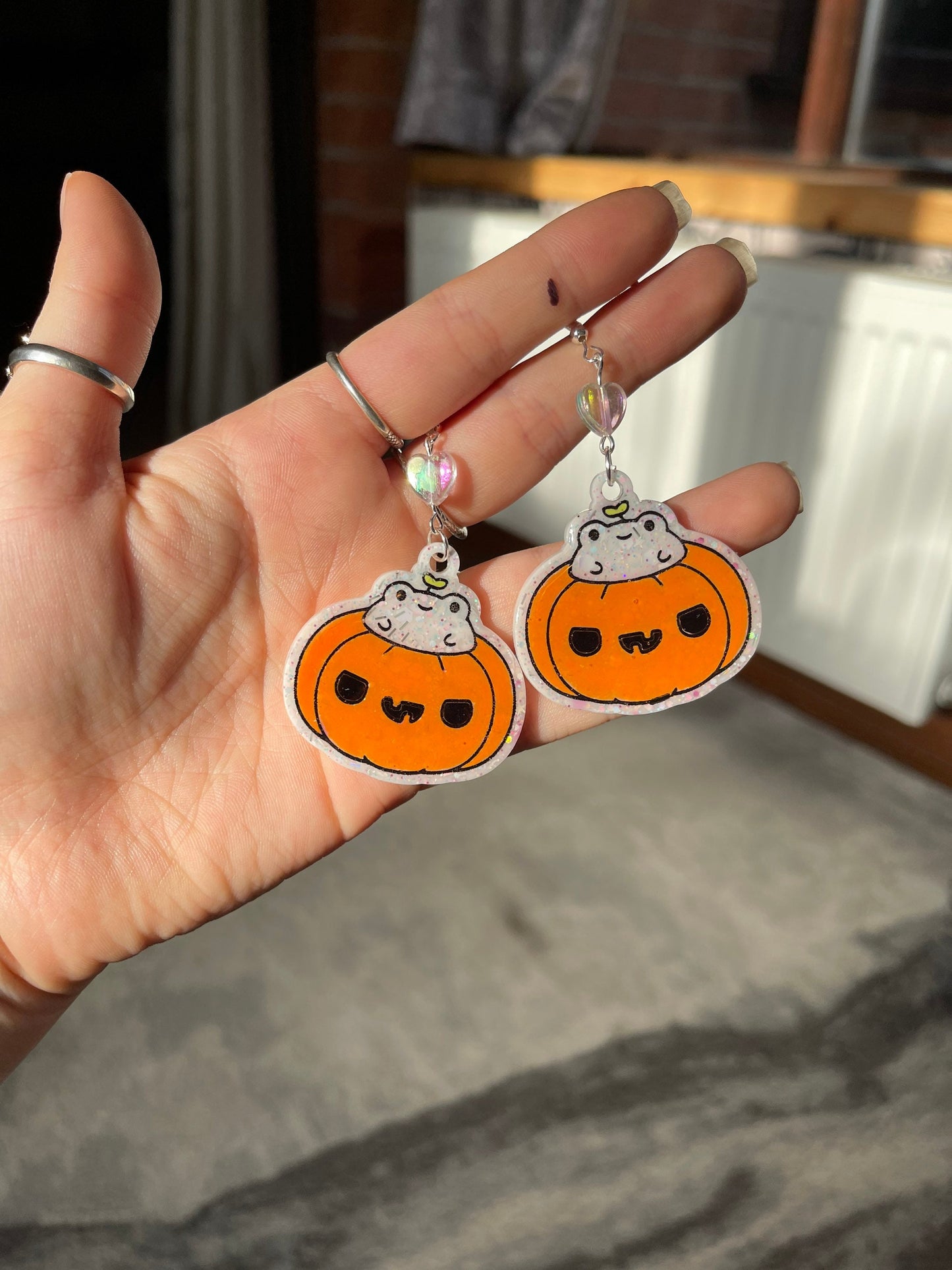 White Glitter Pumpkin Frog Earrings