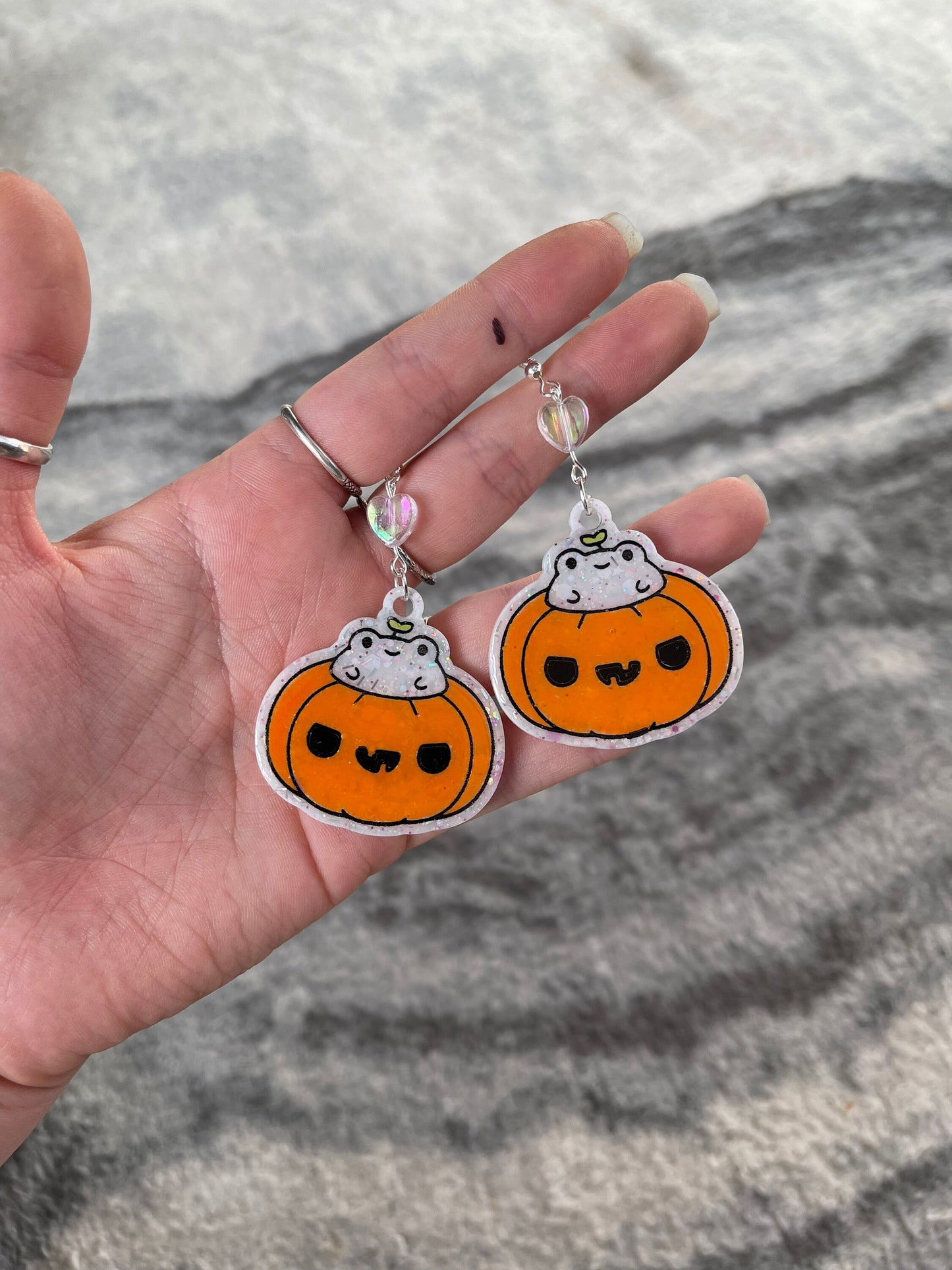White Glitter Pumpkin Frog Earrings