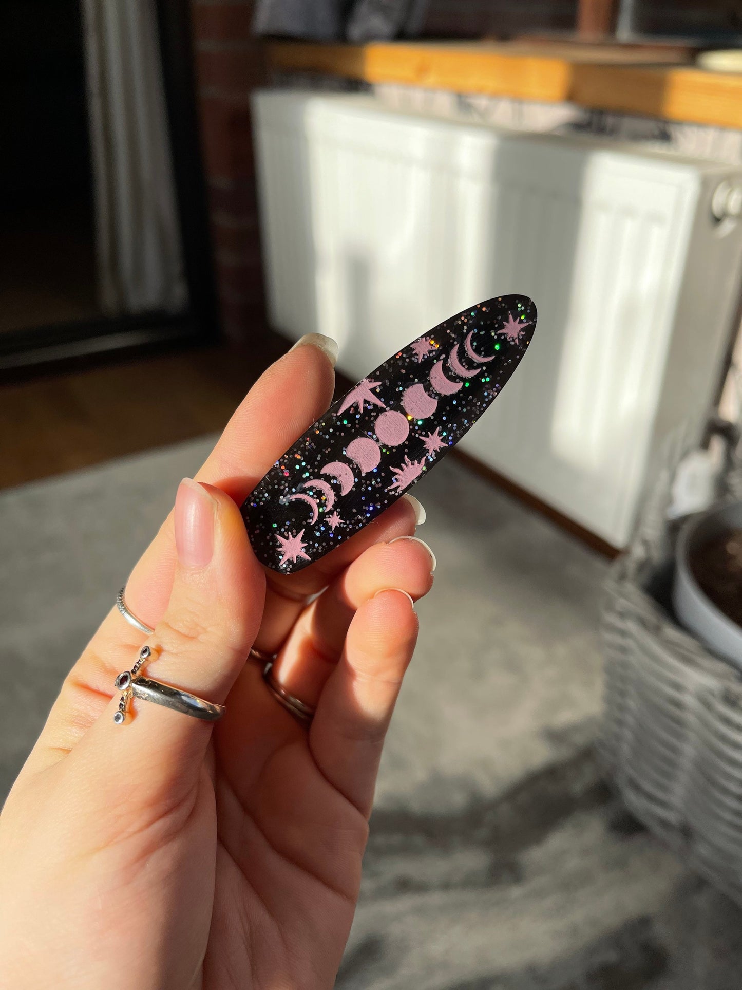 Black & Pink Glitter Pastel Goth Celestial Barrette Clips