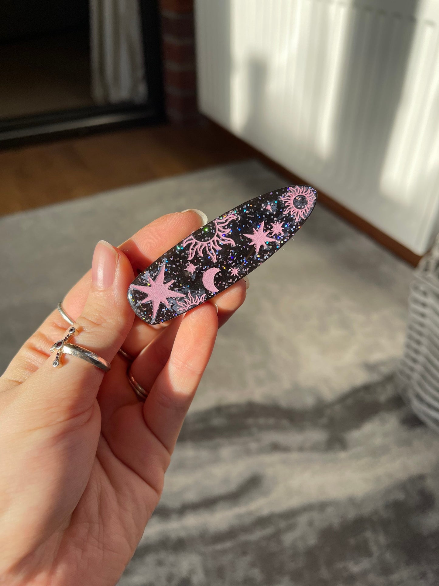 Black & Pink Glitter Pastel Goth Celestial Barrette Clips