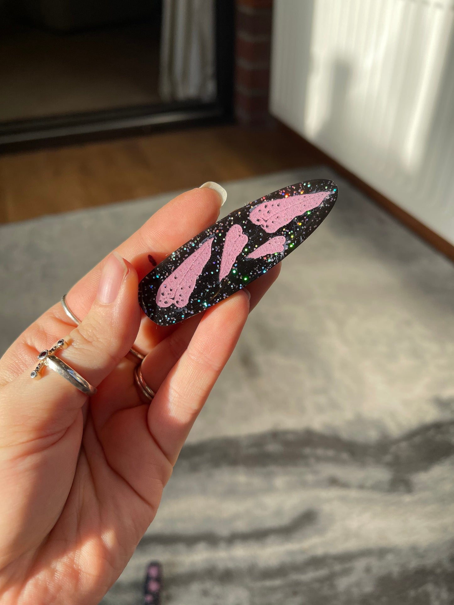 Black & Pink Glitter Pastel Goth Botanical Plant Barrette Clips