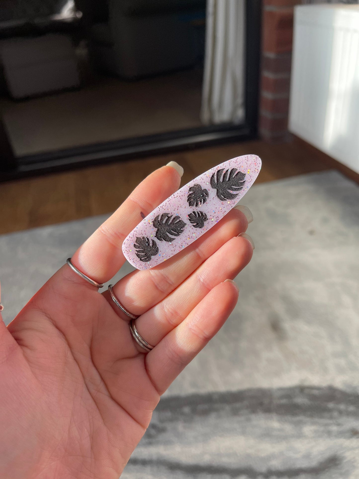 Pink & Black Glitter Pastel Goth Botanical Plant Barrette Clips