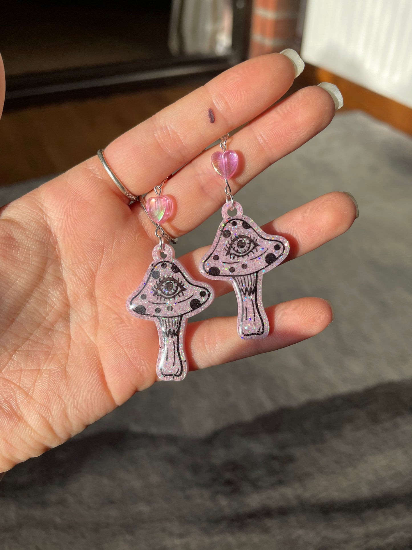 Pink Glitter Pastel Goth Eye Mushroom Earrings