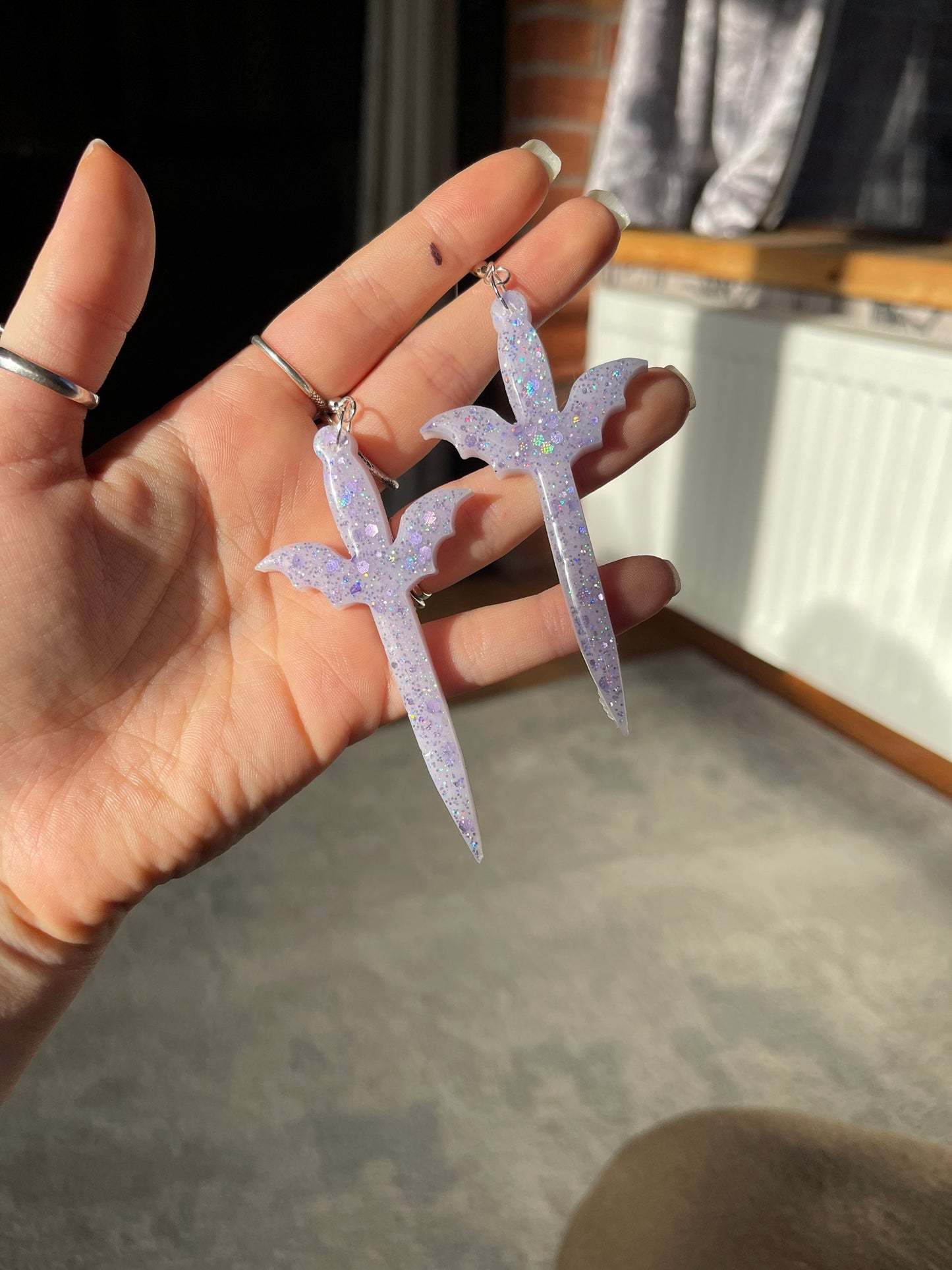 Lilac Glitter Bat Dagger Earrings