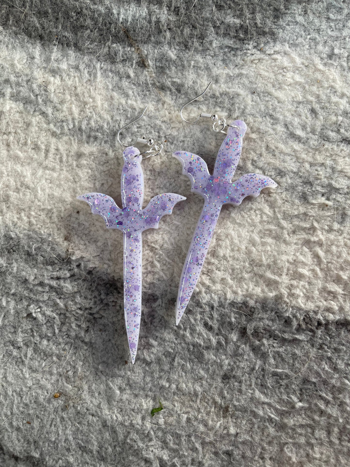 Lilac Glitter Bat Dagger Earrings