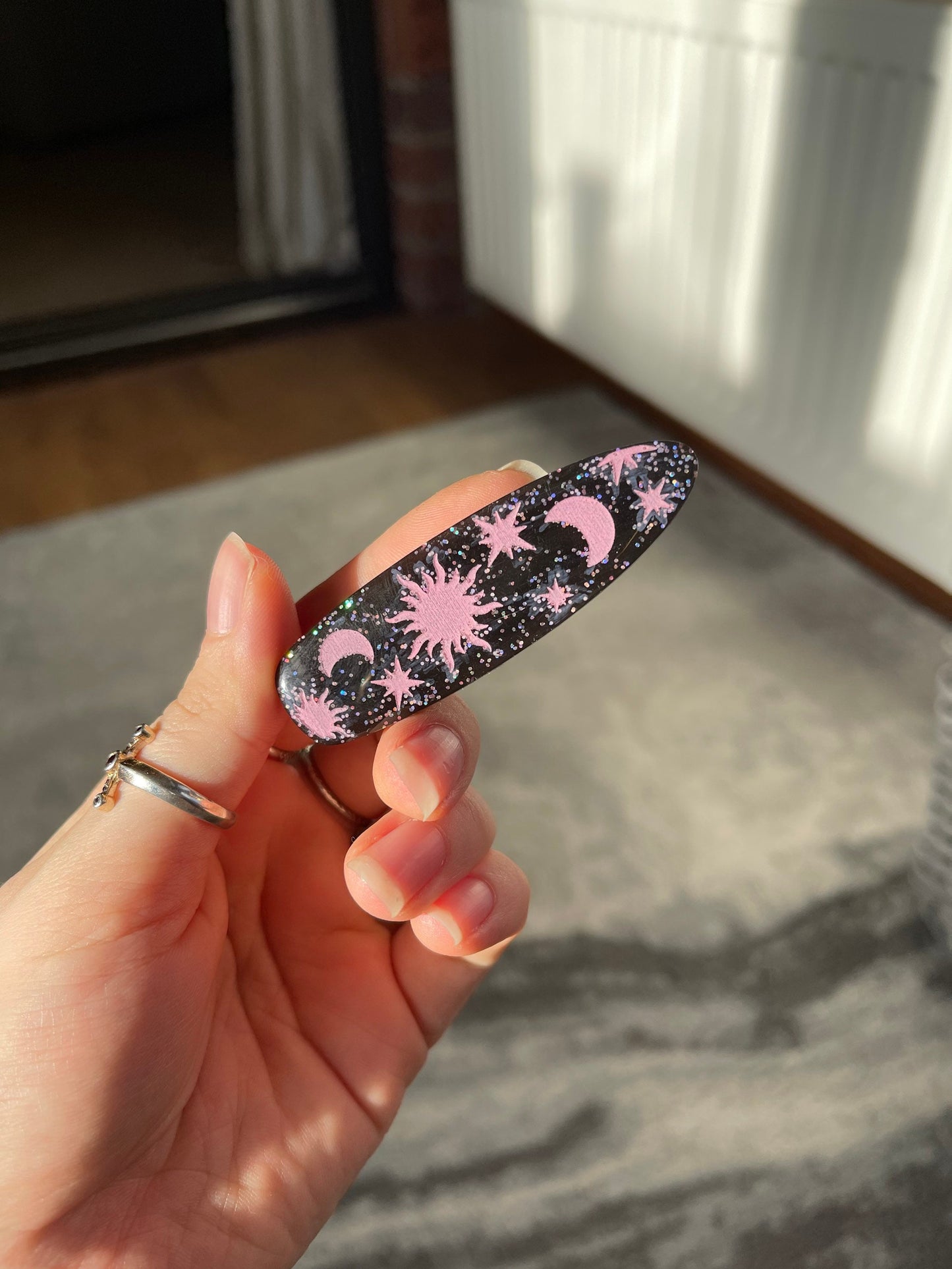 Black & Pink Glitter Pastel Goth Celestial Barrette Clips