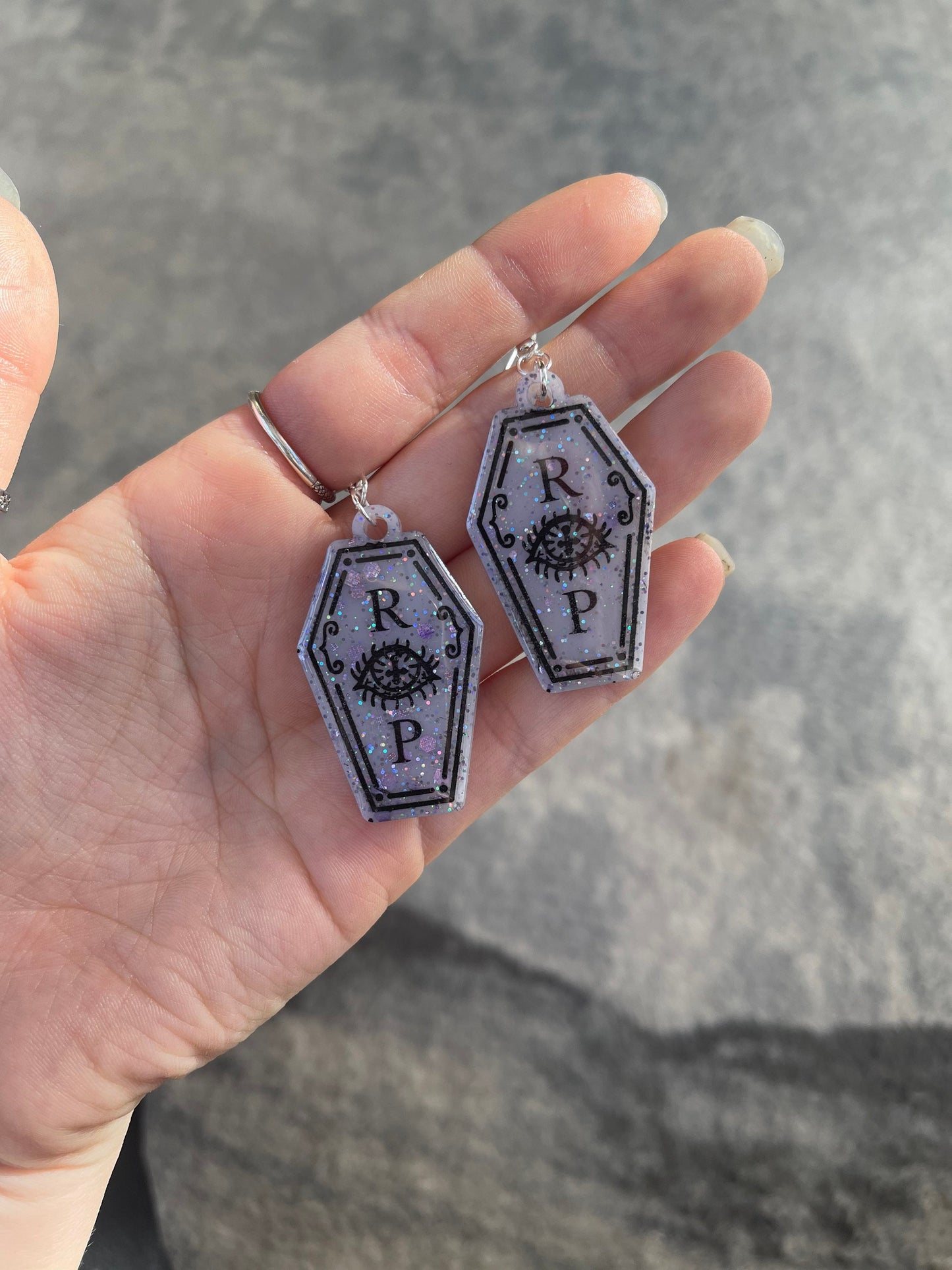 Lilac and Black R eye P Coffin Earrings
