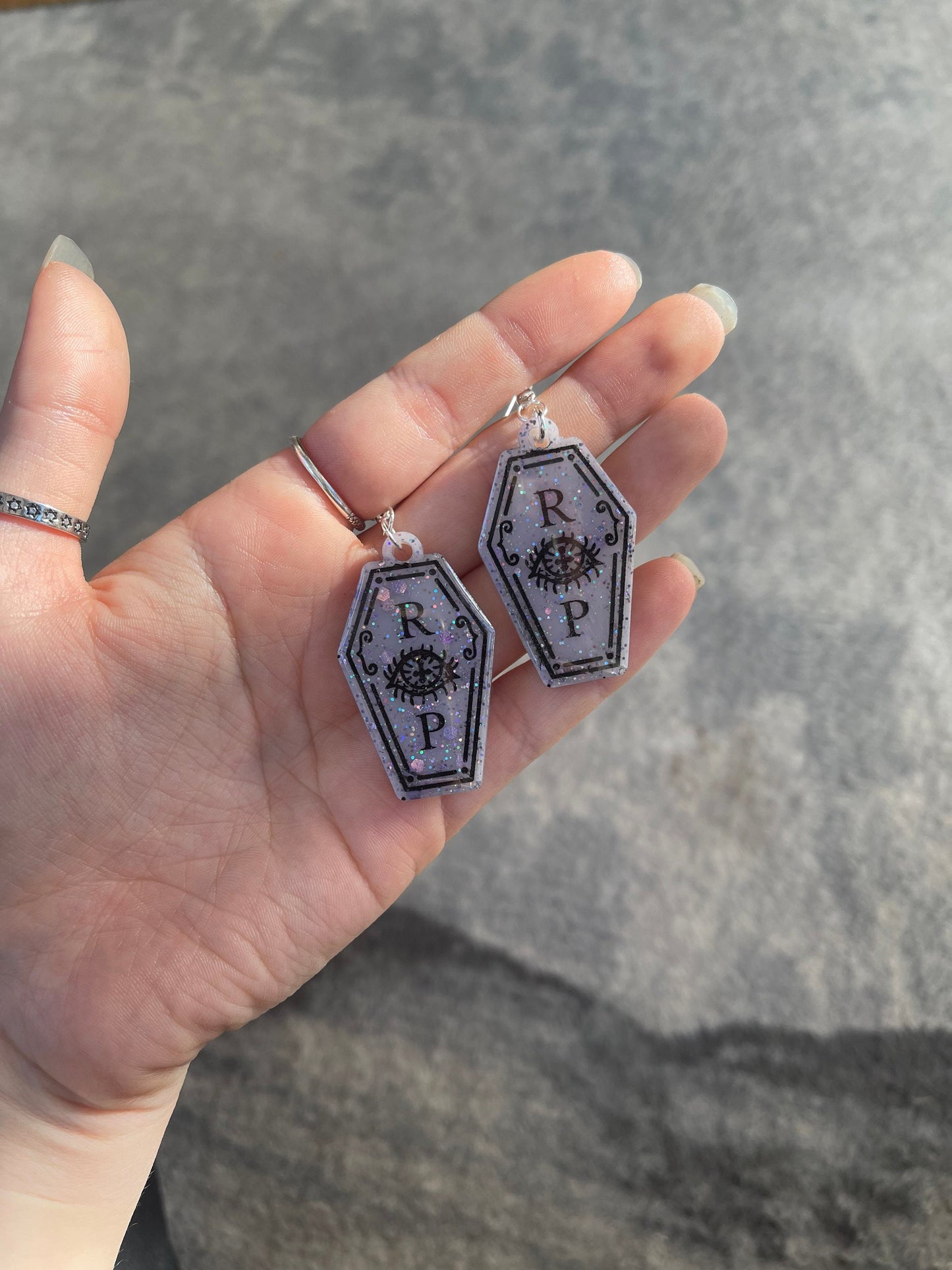Lilac and Black R eye P Coffin Earrings