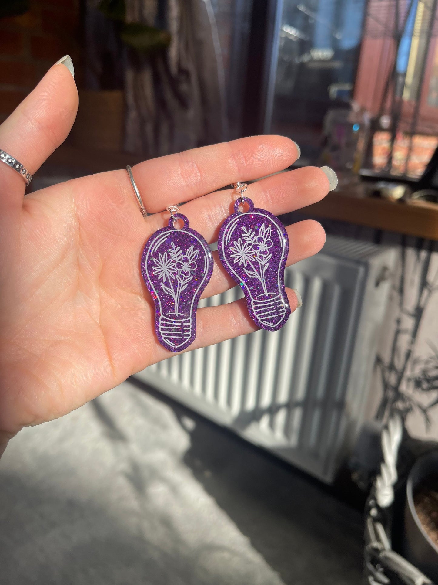 Purple Glitter Floral Lightbulbs Earrings