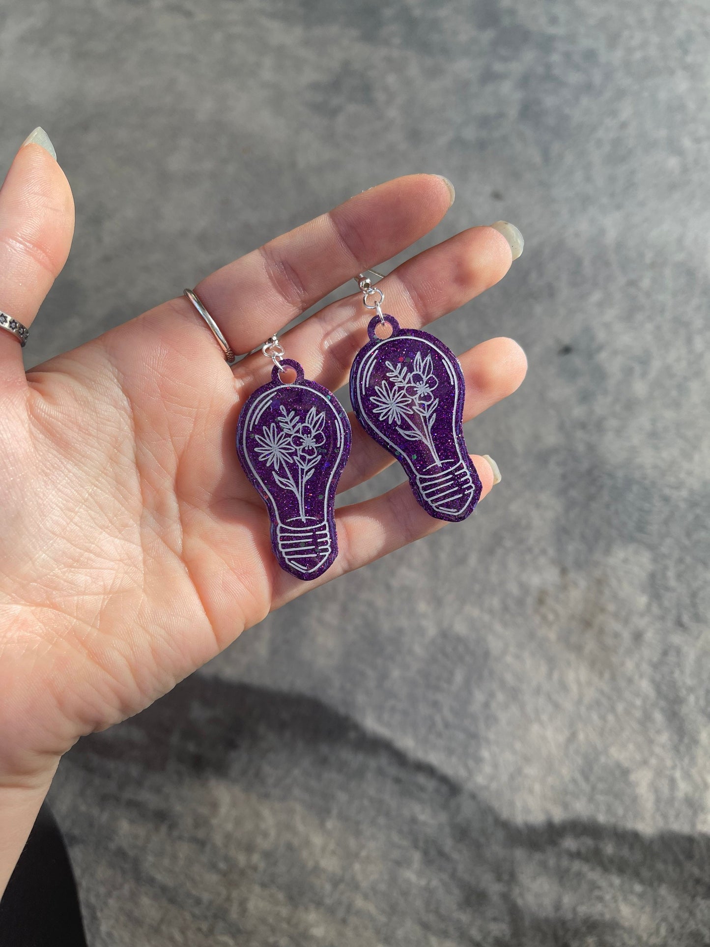Purple Glitter Floral Lightbulbs Earrings