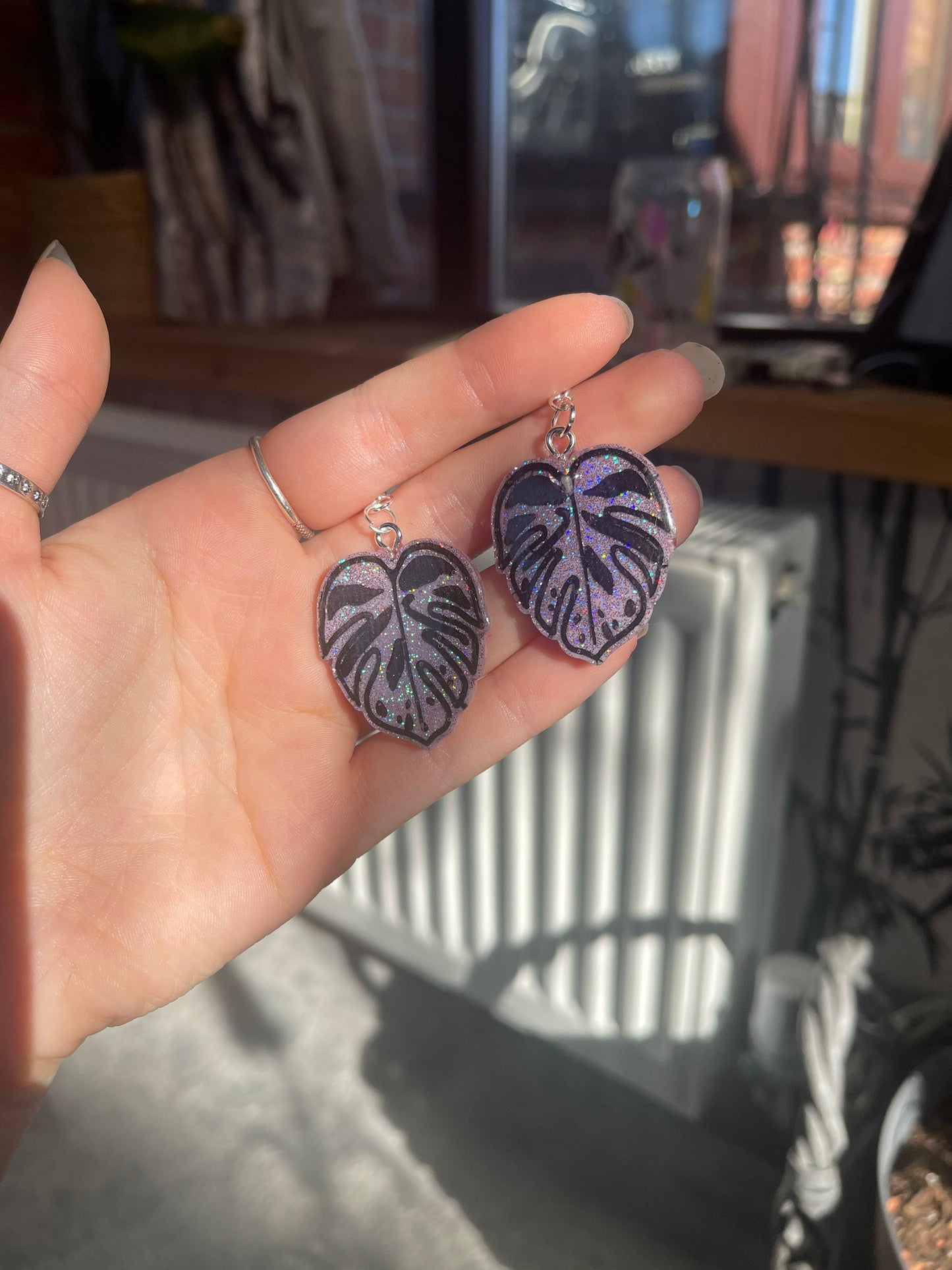 Pink Holographic Monstera Cheese Plant Leaf Earrings