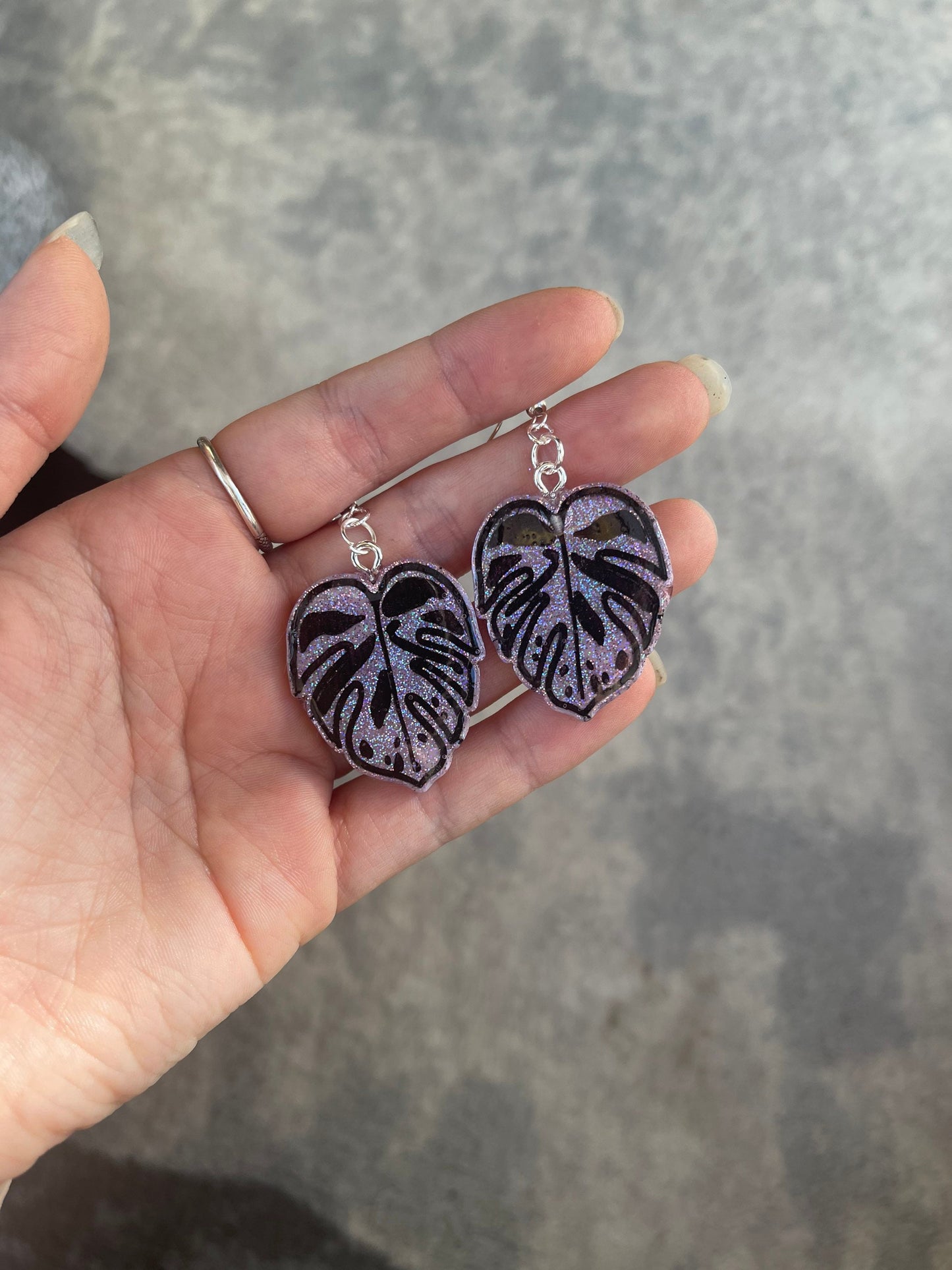 Pink Holographic Monstera Cheese Plant Leaf Earrings