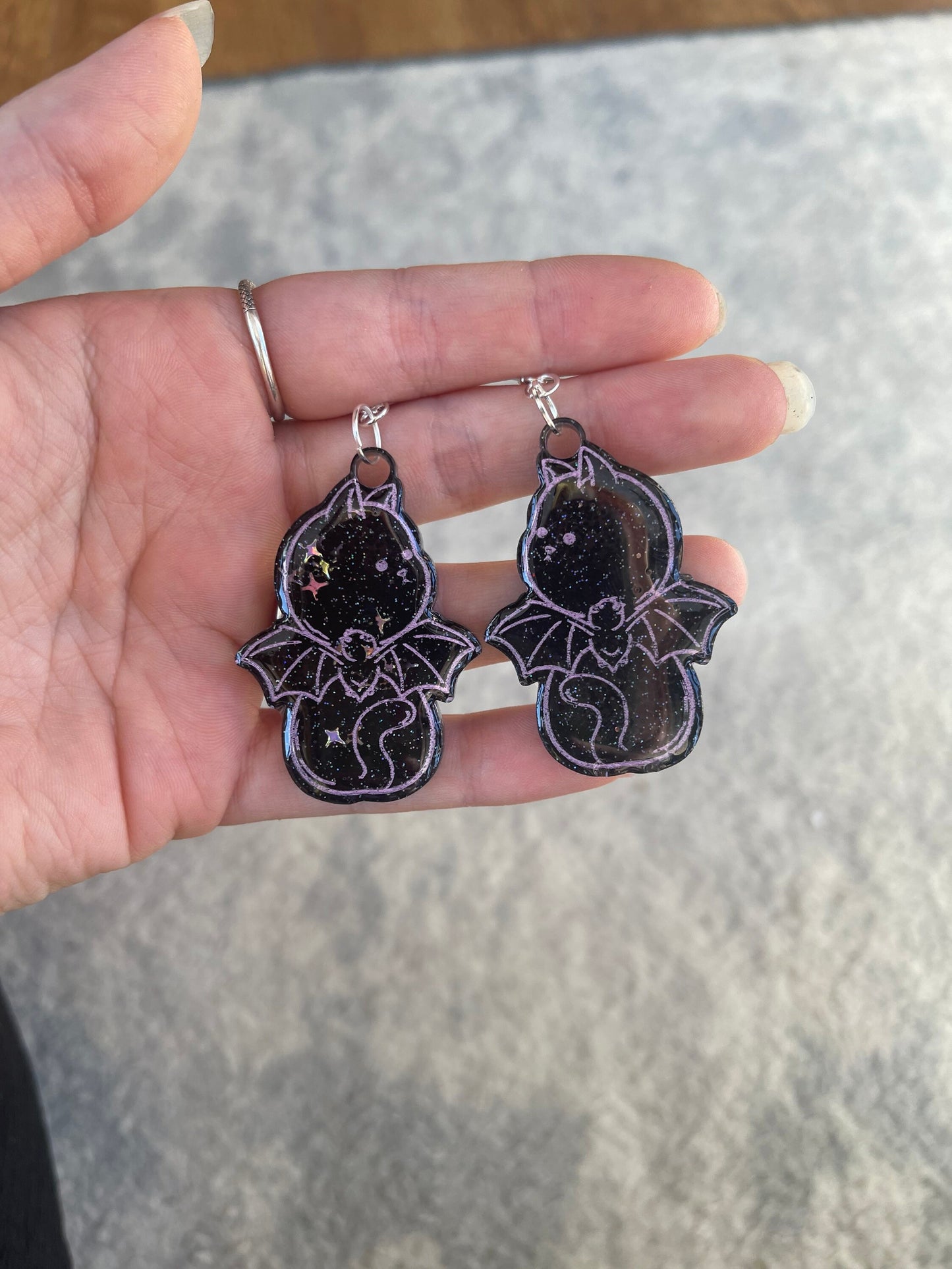 Black and Pink Bat Cats Earrings