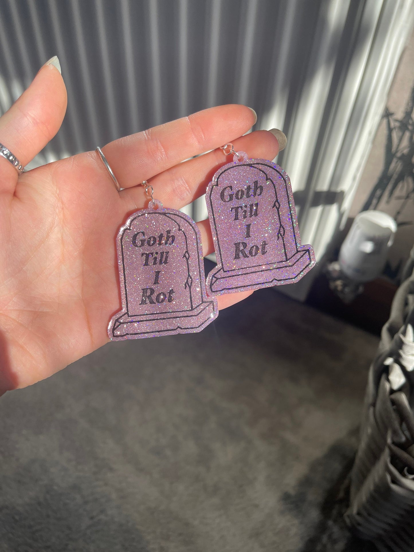 Pink and Black Holographic Goth Til I Rot Tombstone Earrings