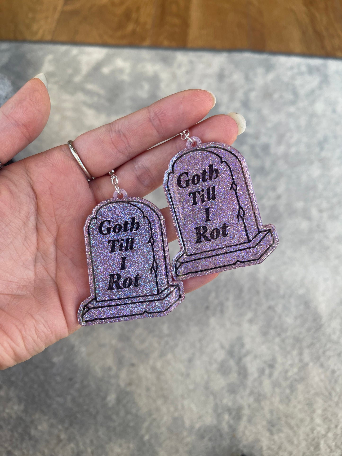 Pink and Black Holographic Goth Til I Rot Tombstone Earrings