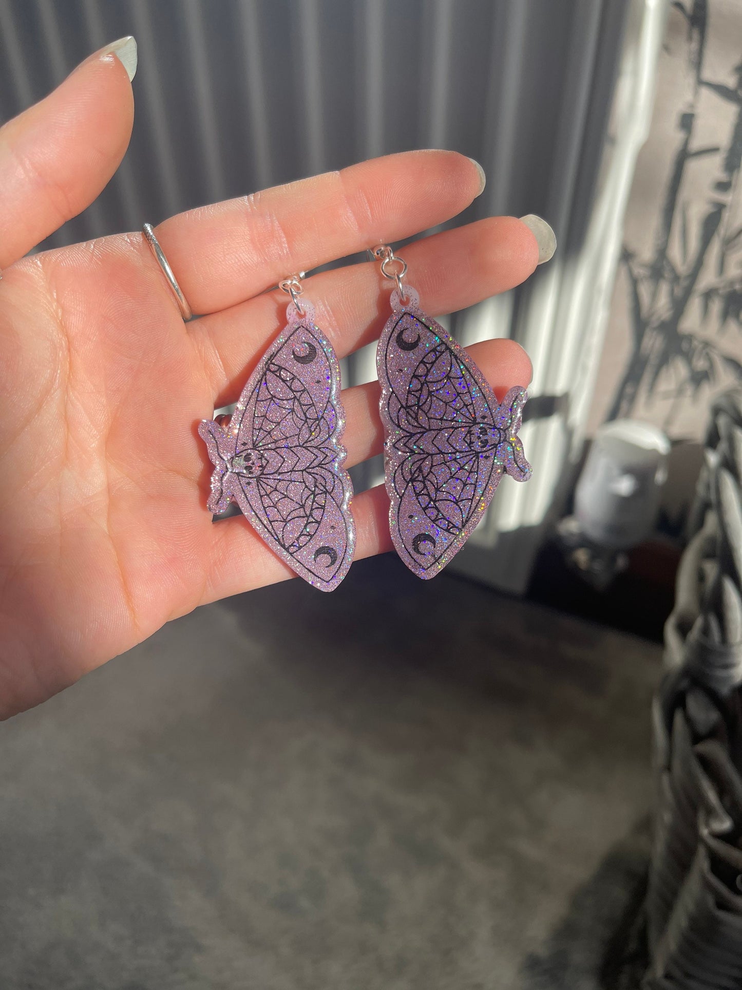 Pink and Black Holographic Death Moth Earrings