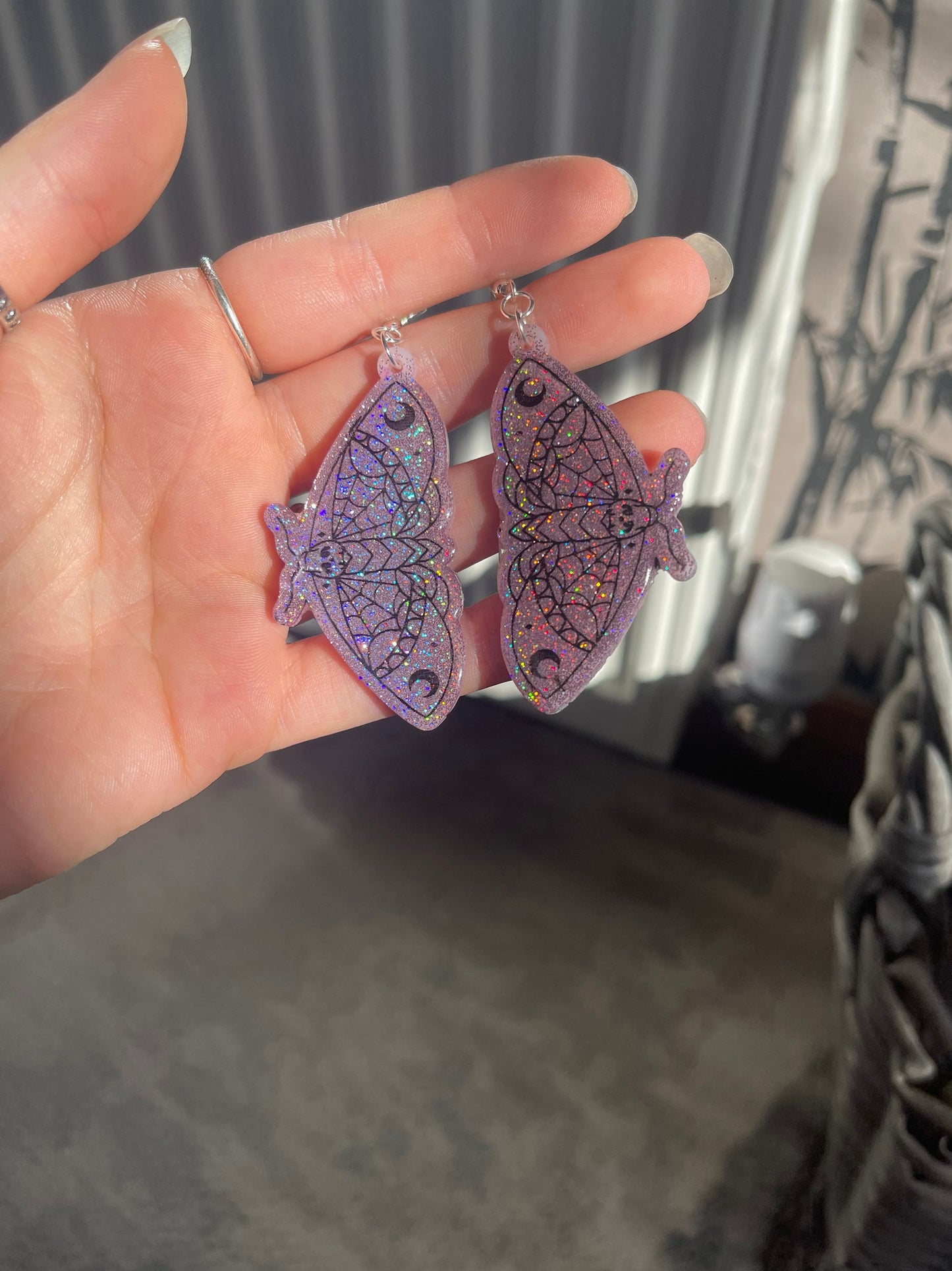 Pink and Black Holographic Death Moth Earrings
