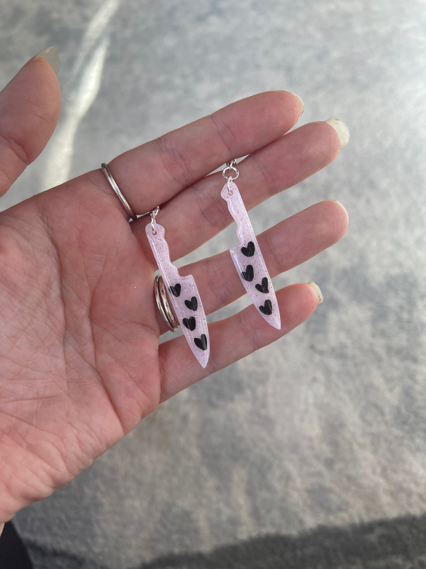 Small Pink and Black Hearts Knives Earrings