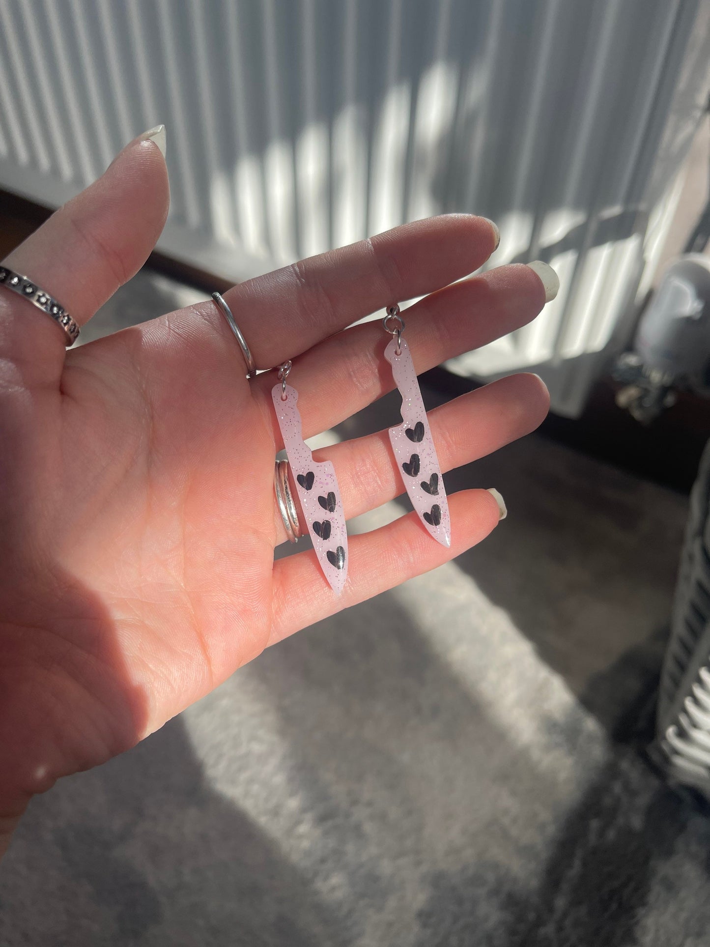 Small Pink and Black Hearts Knives Earrings