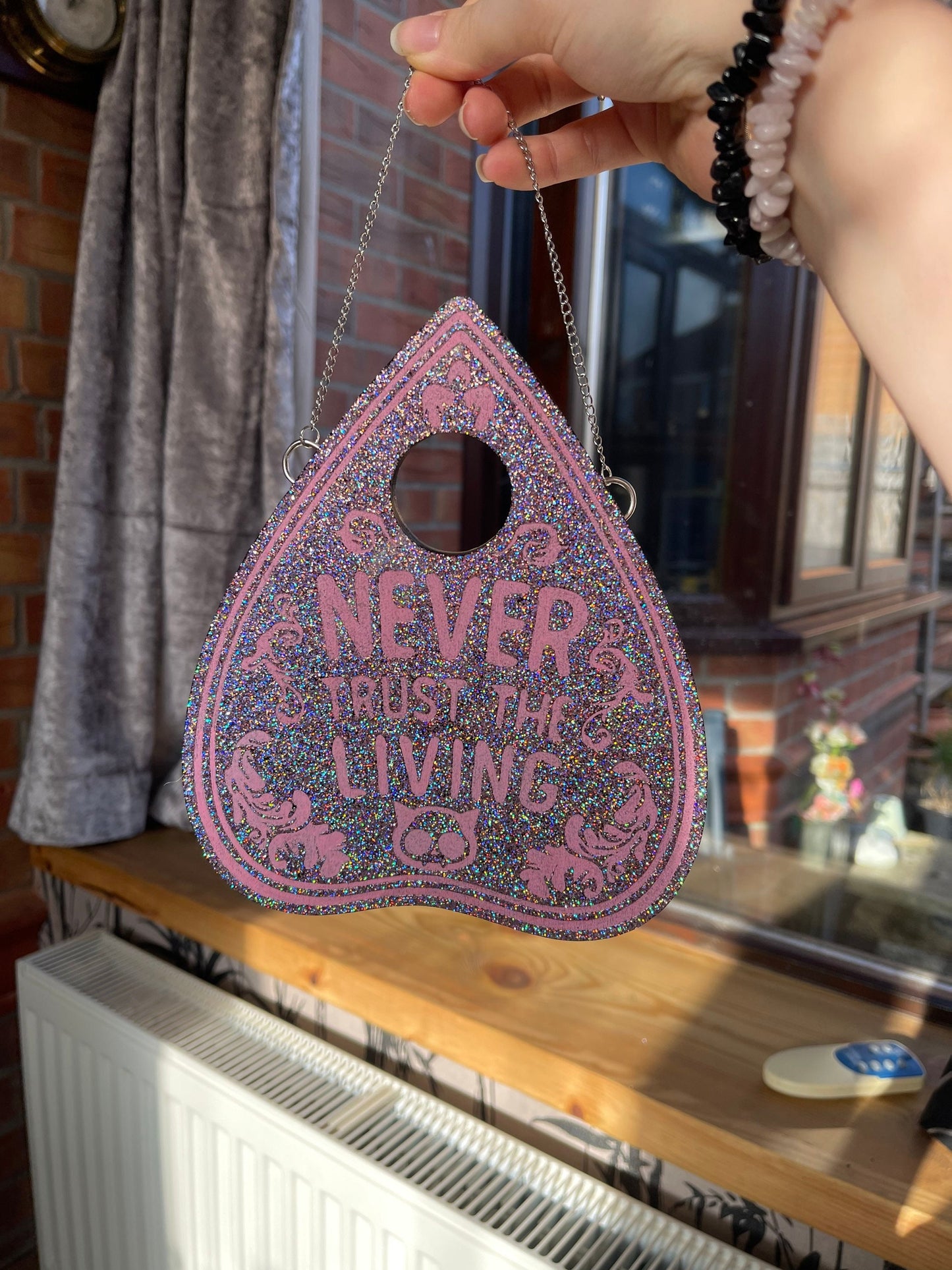 Pink Holo Glitter Never Trust The Living Planchette Wall Hanging