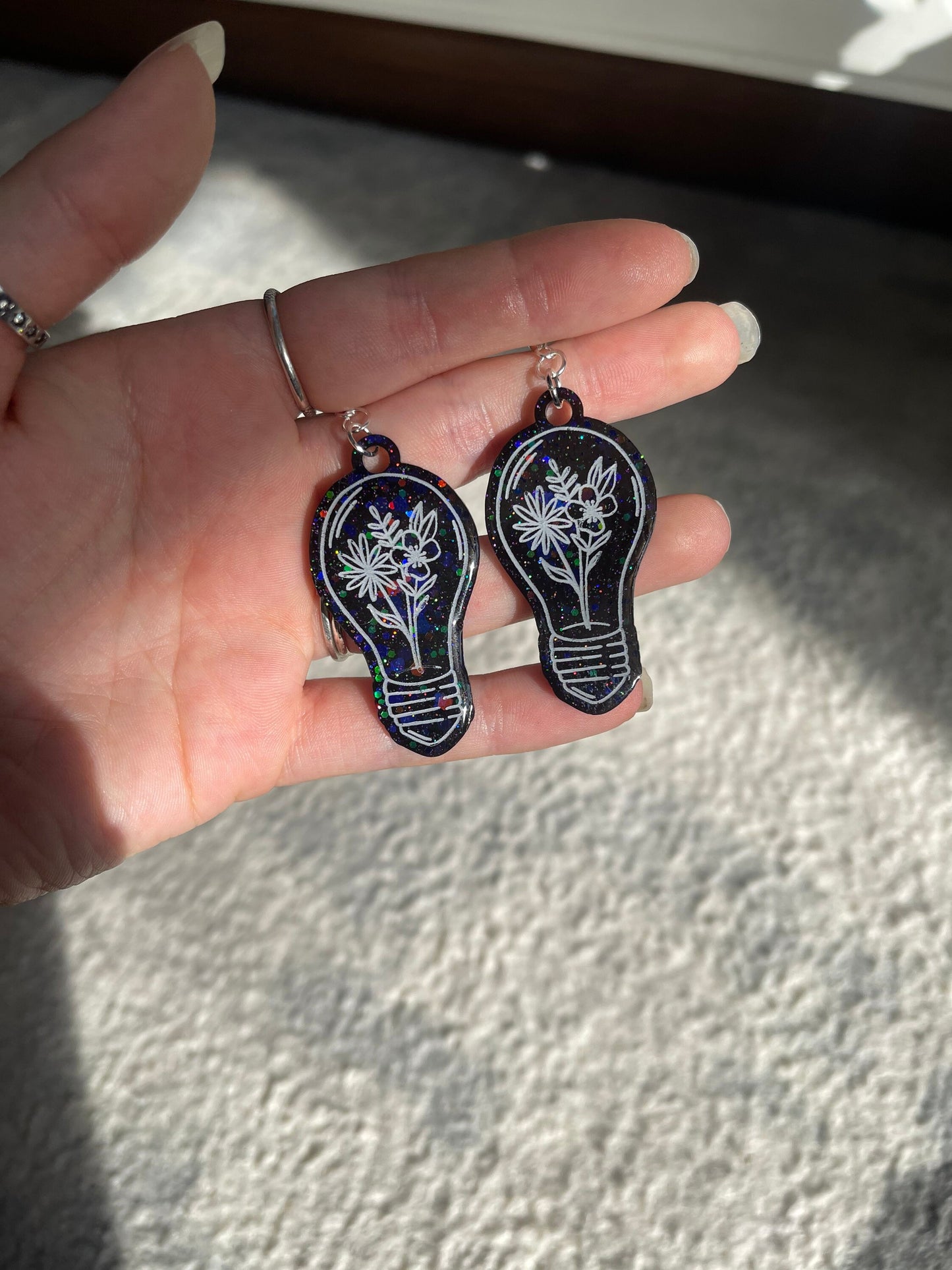 Black Glitter Floral Lightbulb Earrings