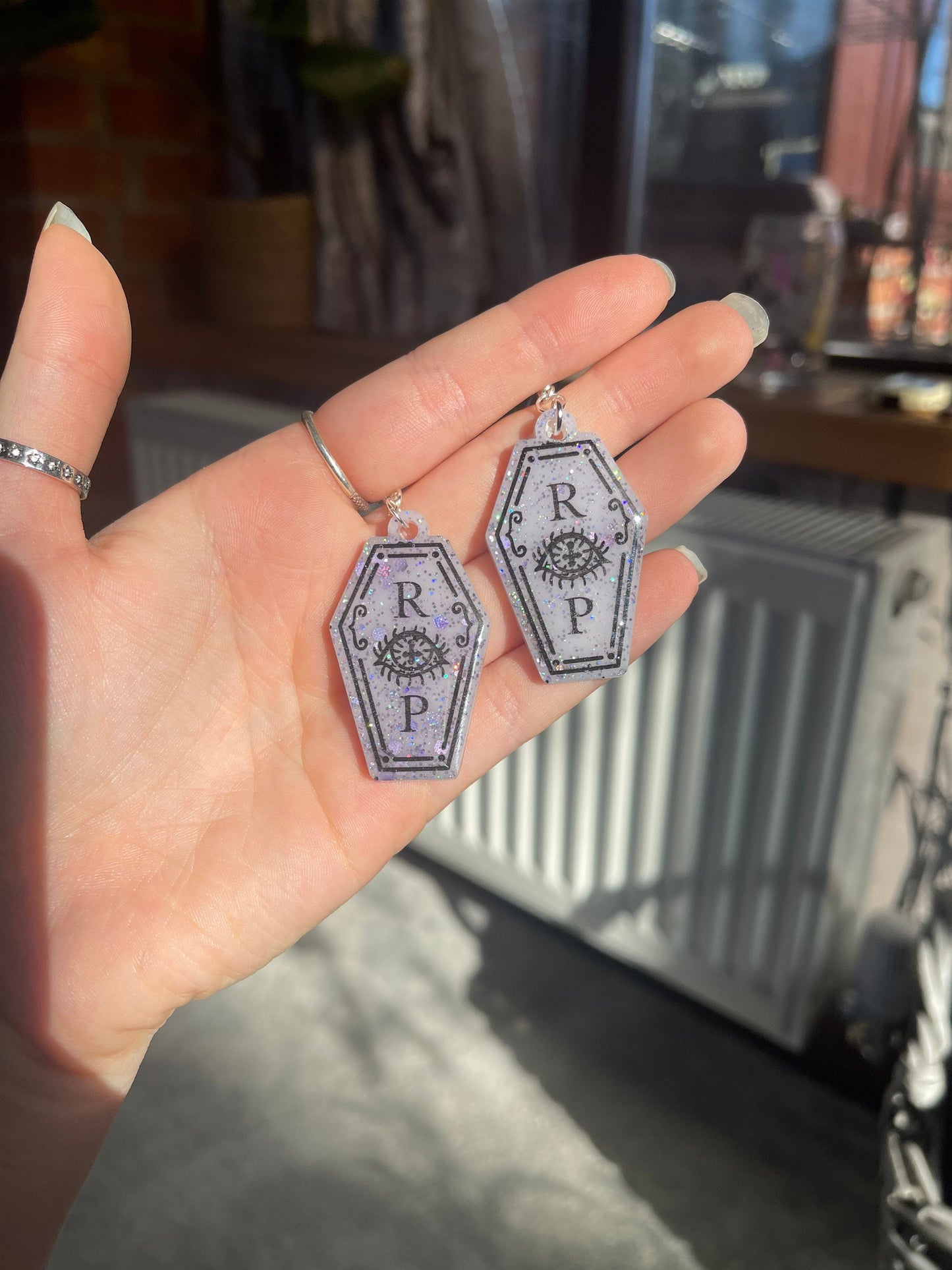 Lilac and Black R eye P Coffin Earrings