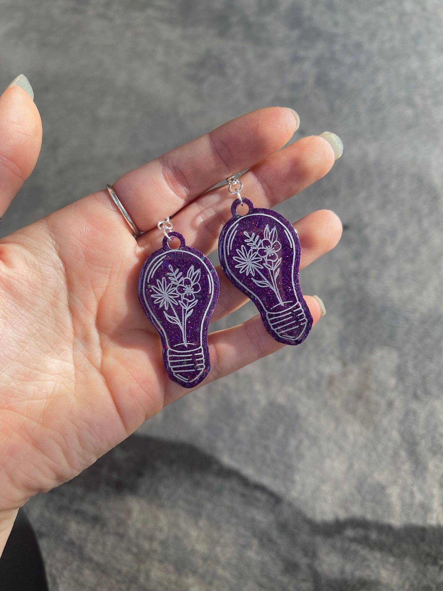 Purple Glitter Floral Lightbulbs Earrings