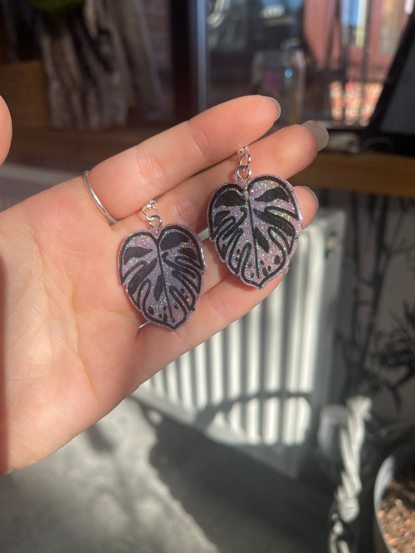 Pink Holographic Monstera Cheese Plant Leaf Earrings