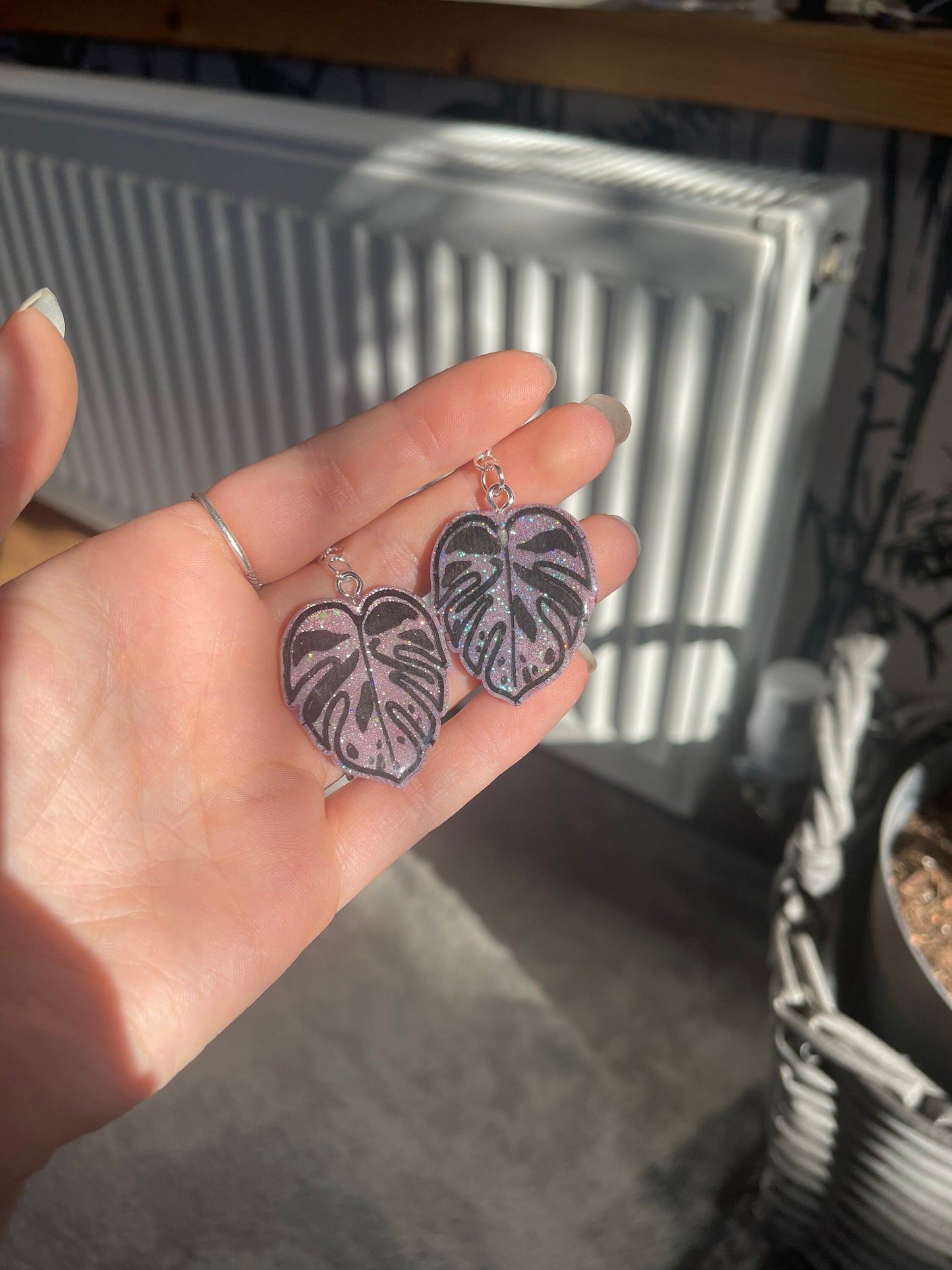 Pink Holographic Monstera Cheese Plant Leaf Earrings