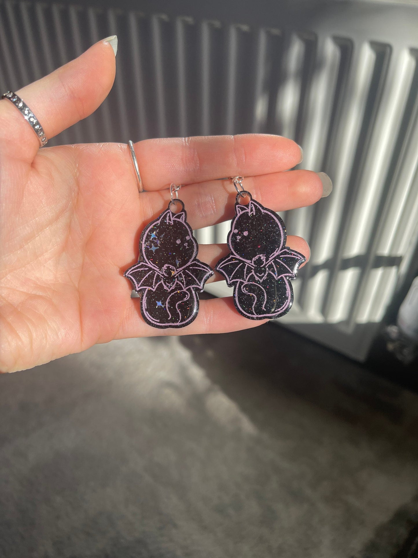 Black and Pink Bat Cats Earrings