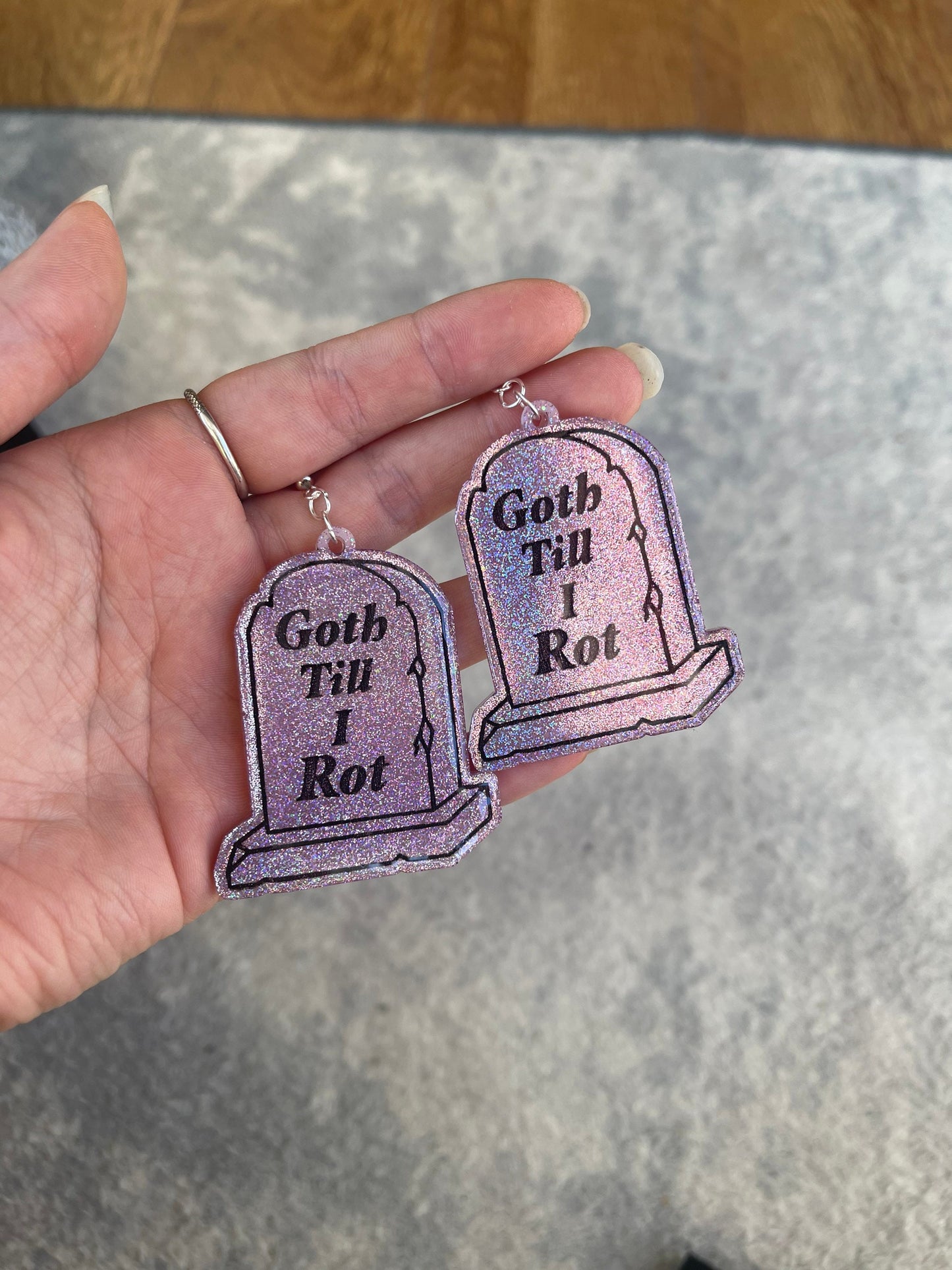 Pink and Black Holographic Goth Til I Rot Tombstone Earrings