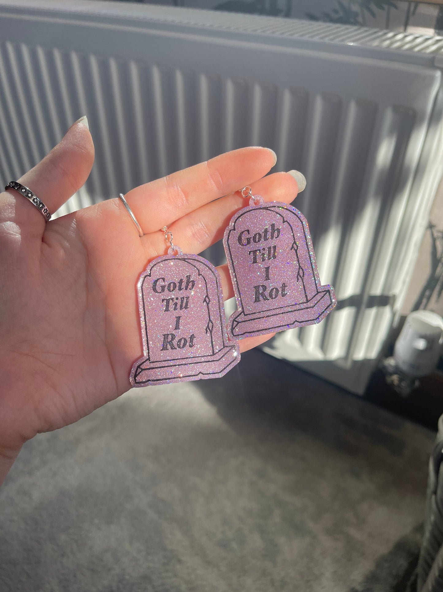 Pink and Black Holographic Goth Til I Rot Tombstone Earrings