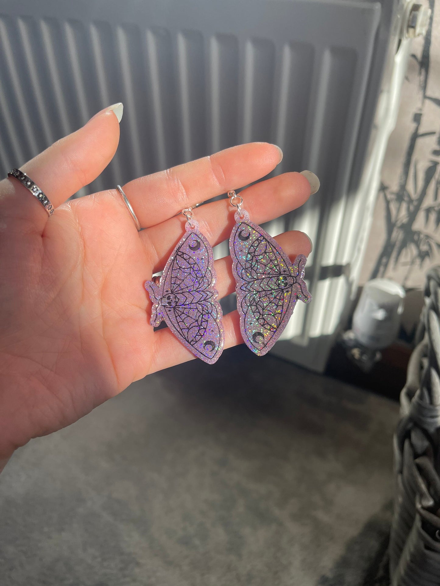 Pink and Black Holographic Death Moth Earrings