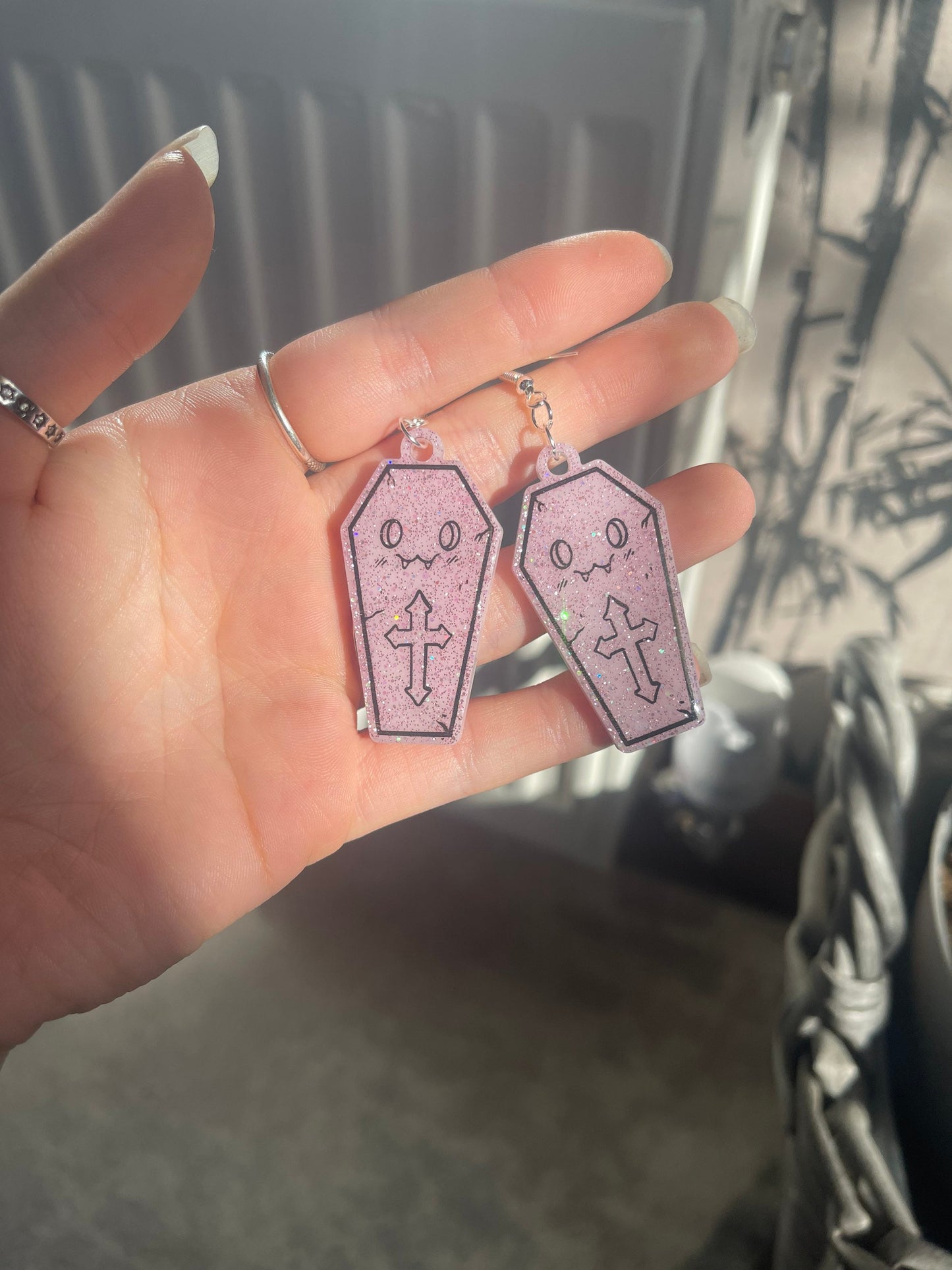 Pink and Black Cute Coffins Earrings