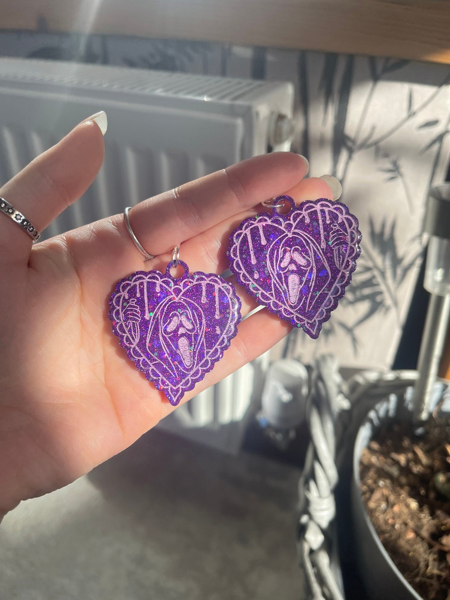 Purple and Pink Drippy Ghost Man Hearts Earrings