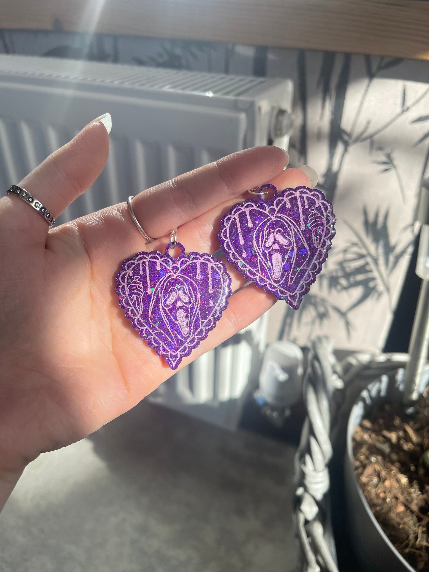 Purple and Pink Drippy Ghost Man Hearts Earrings