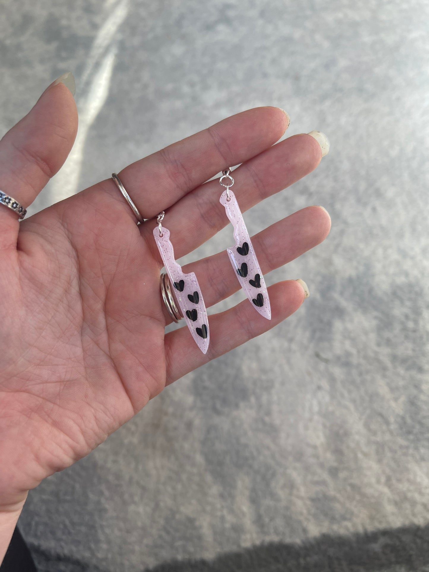 Small Pink and Black Hearts Knives Earrings