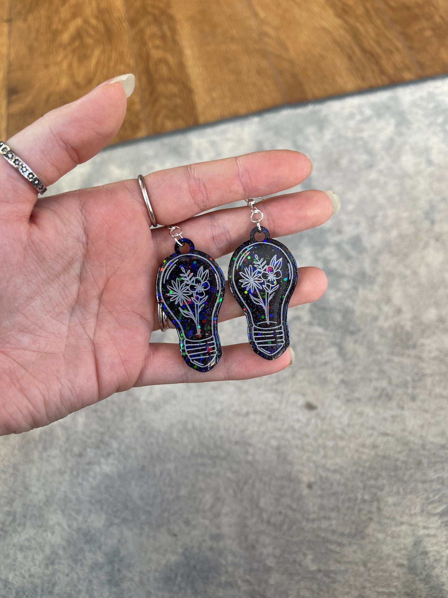 Black Glitter Floral Lightbulb Earrings