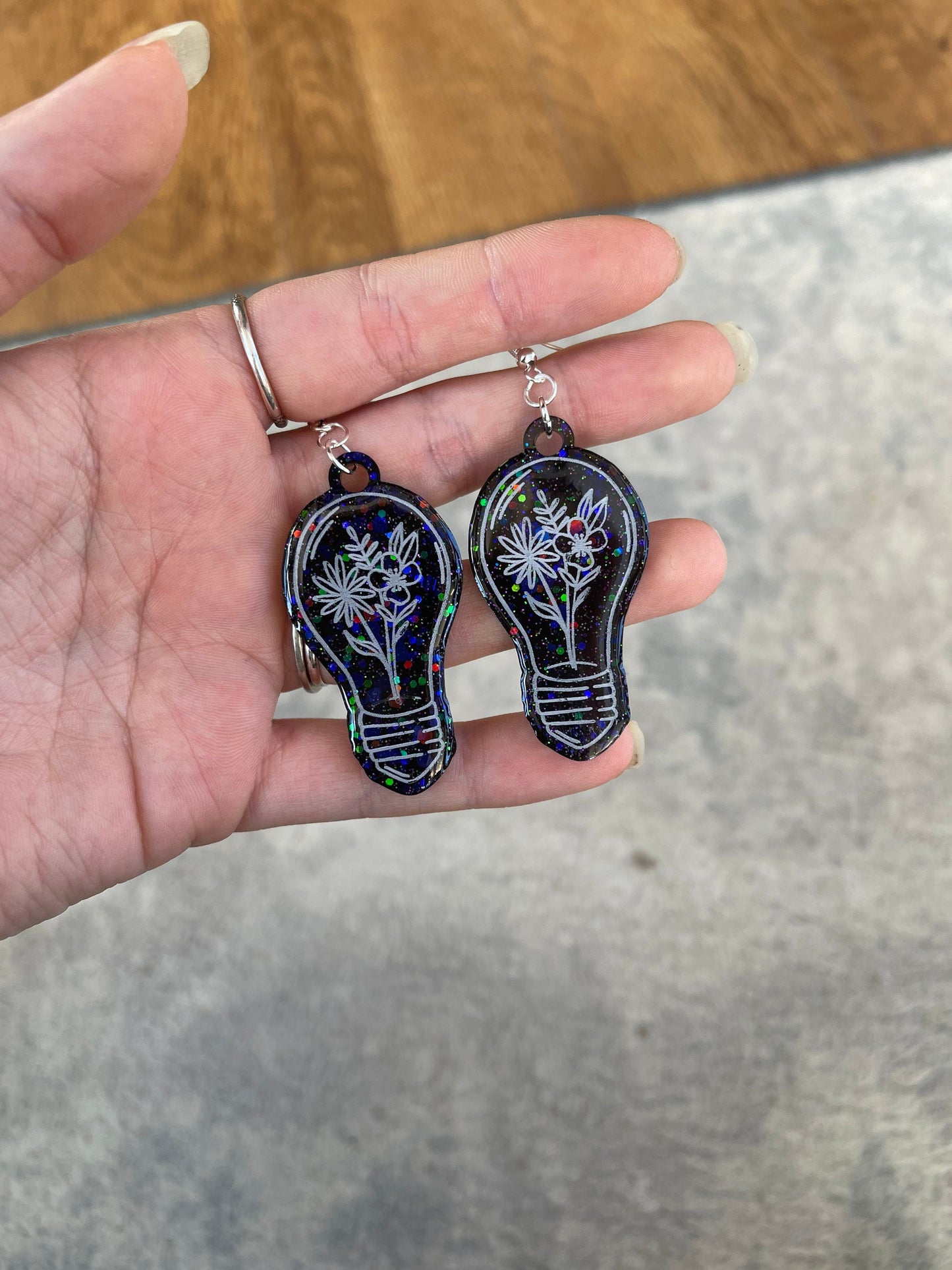 Black Glitter Floral Lightbulb Earrings