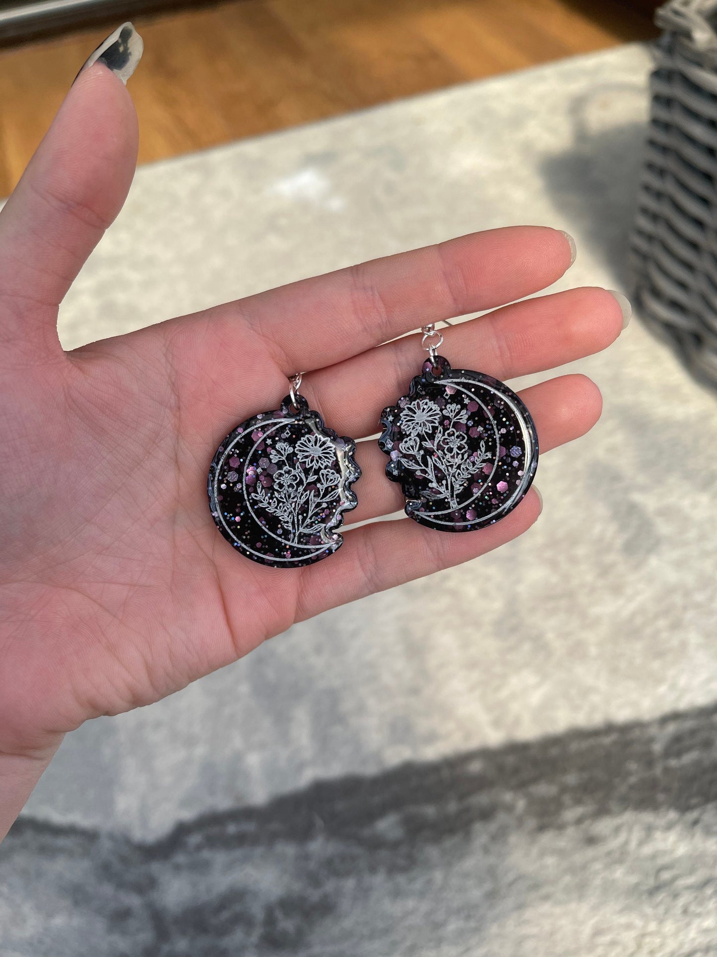 Black Glitter Wildflower Moon Earrings
