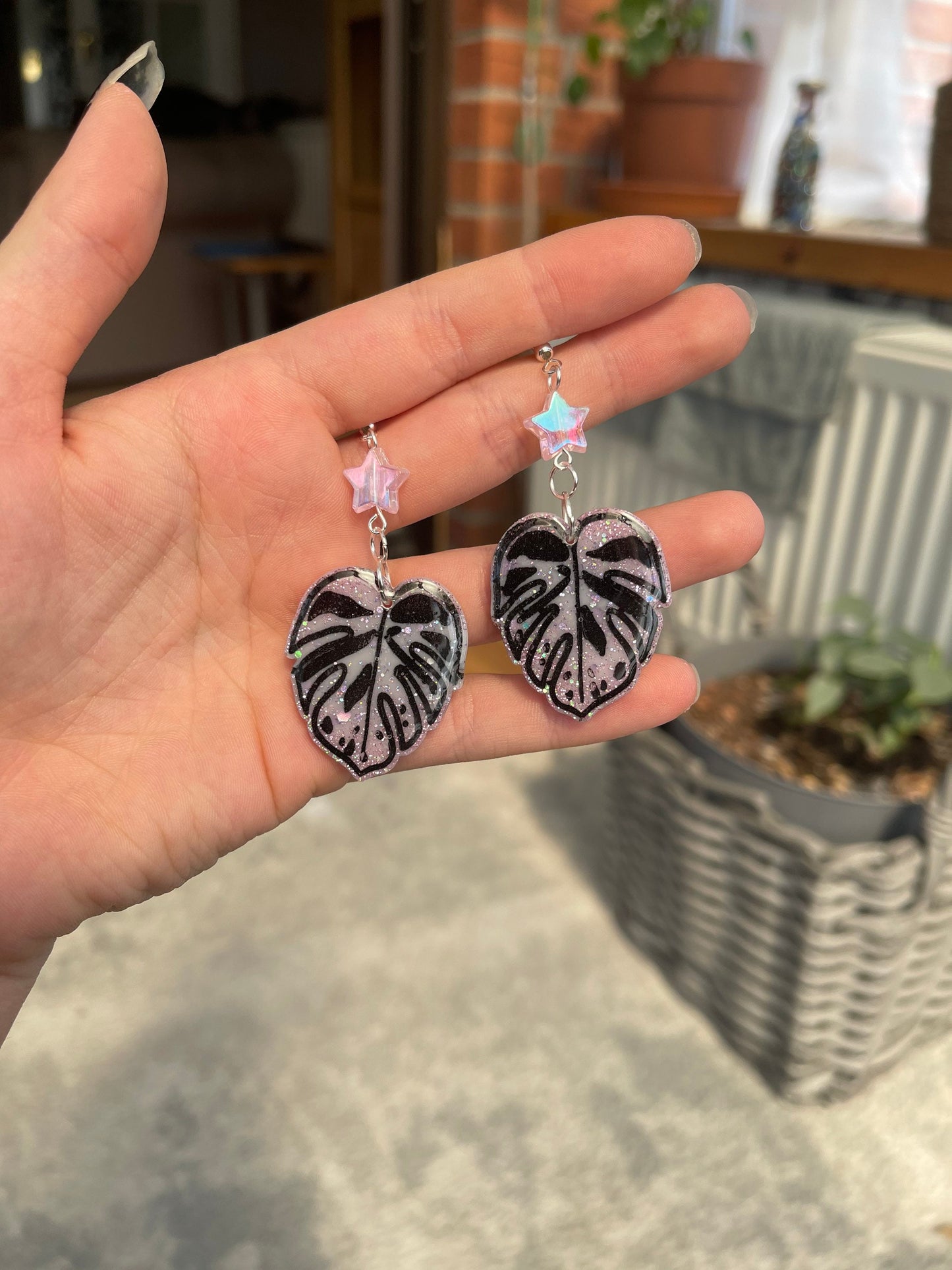 Pink and Lilac Monstera Leaf Earrings