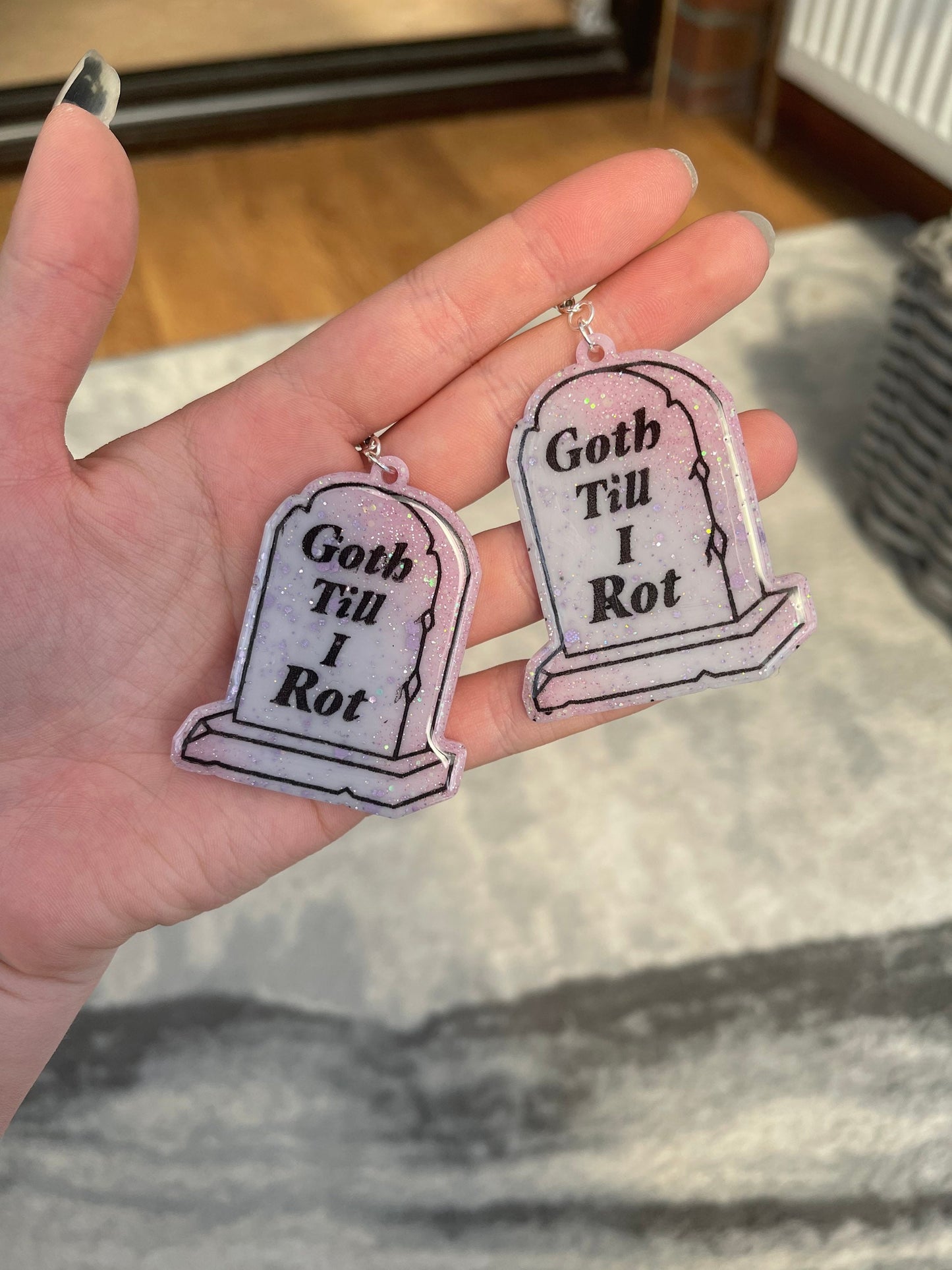 Pink and Lilac Goth Til I Rot Tombstones Earrings