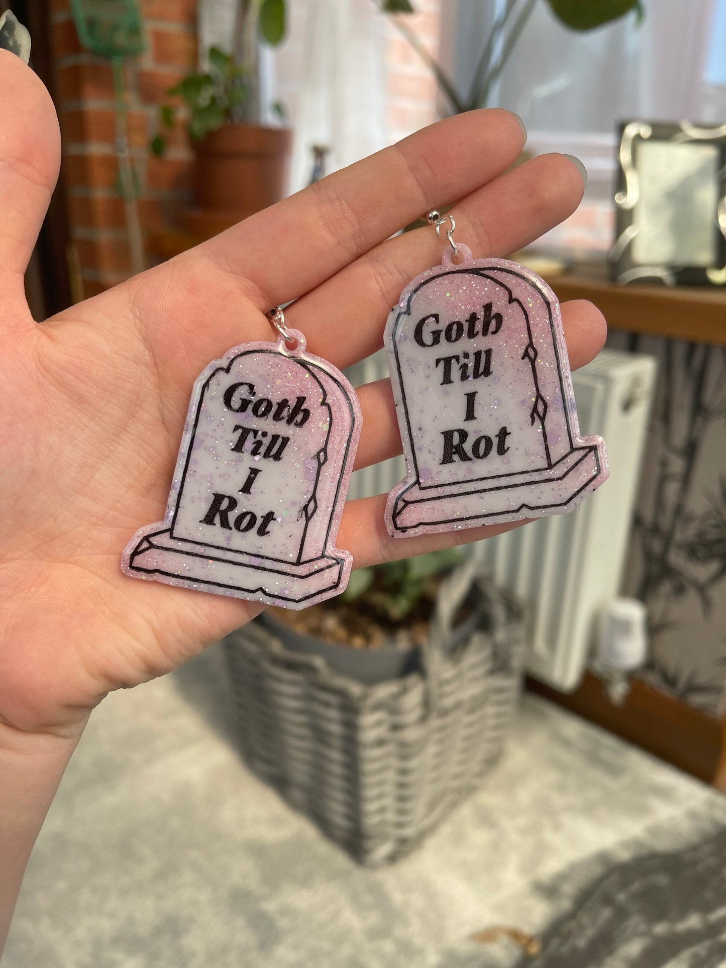 Pink and Lilac Goth Til I Rot Tombstones Earrings