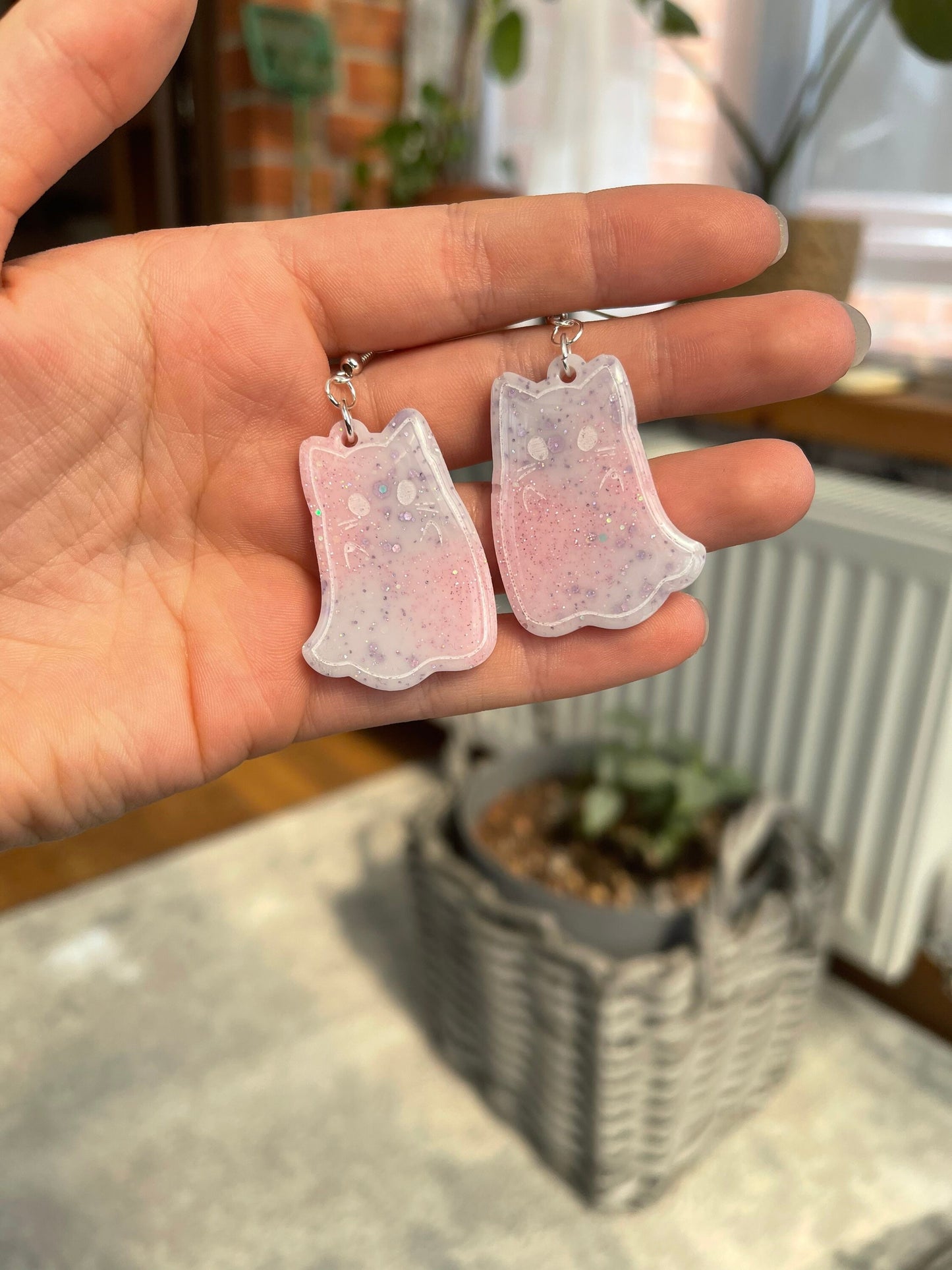 Pink and Lilac Arms Up Ghost Cats Earrings