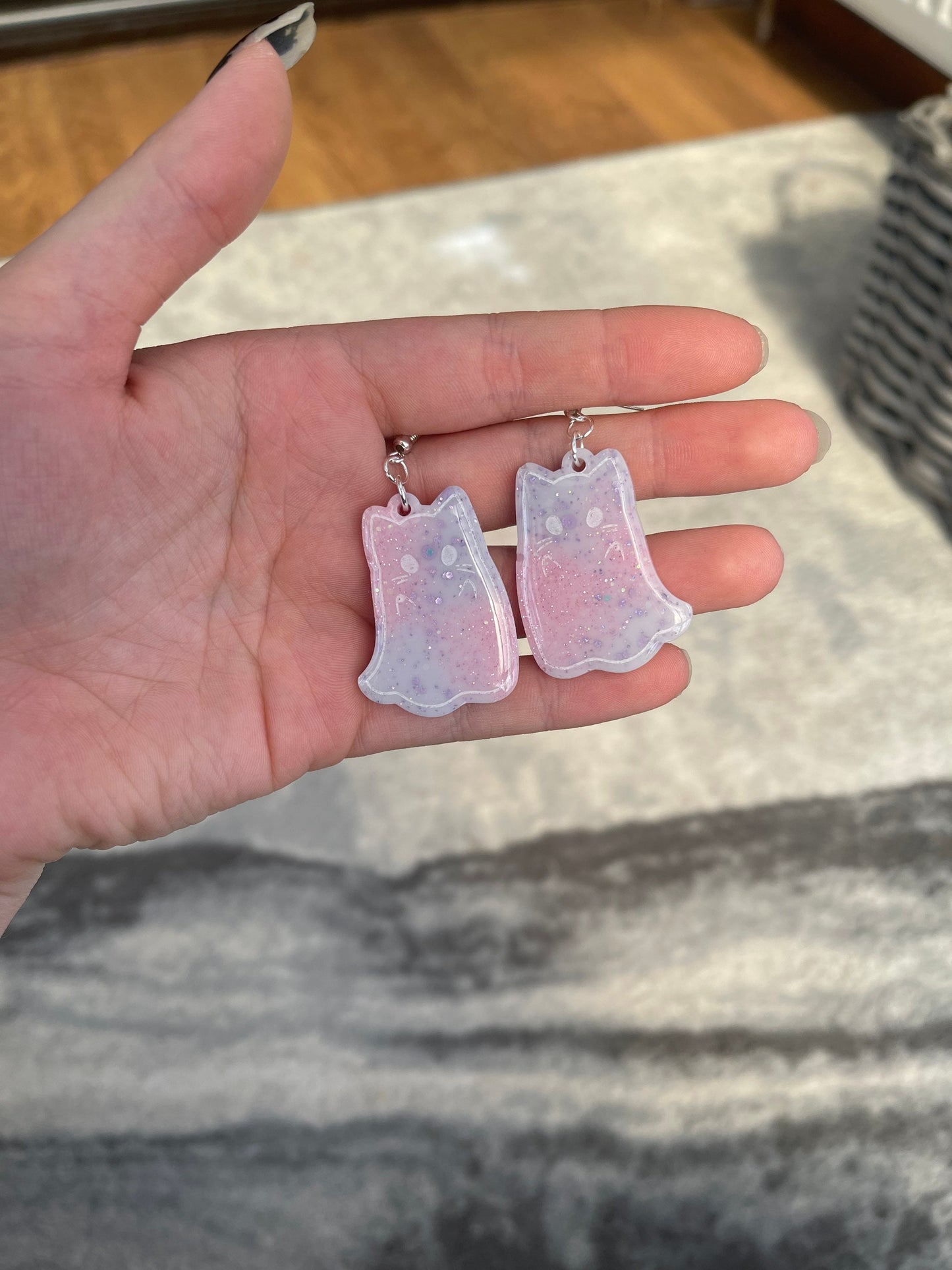 Pink and Lilac Arms Up Ghost Cats Earrings
