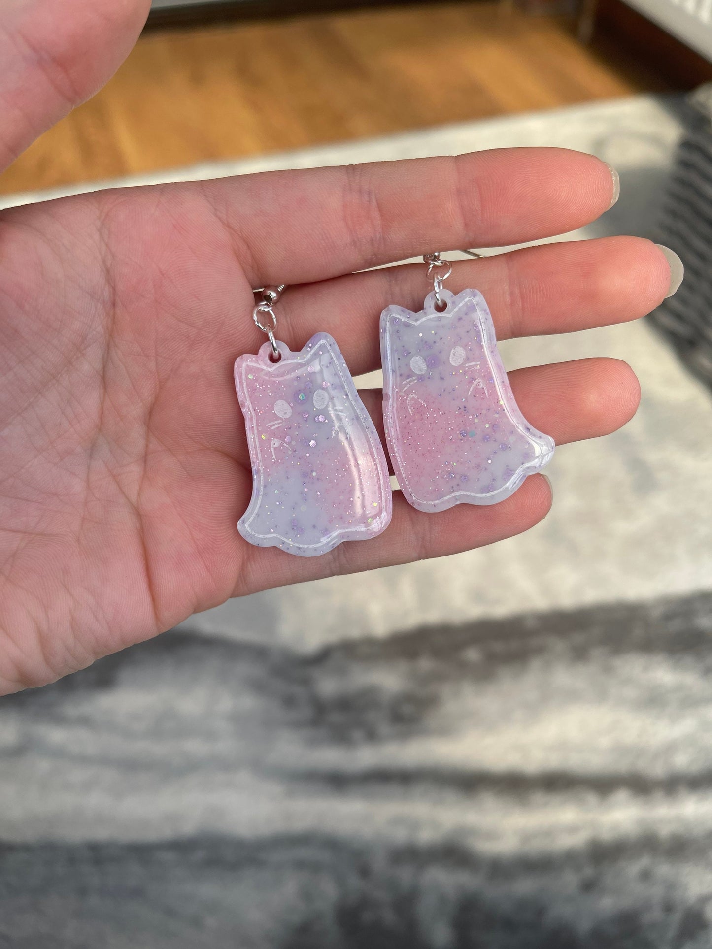 Pink and Lilac Arms Up Ghost Cats Earrings