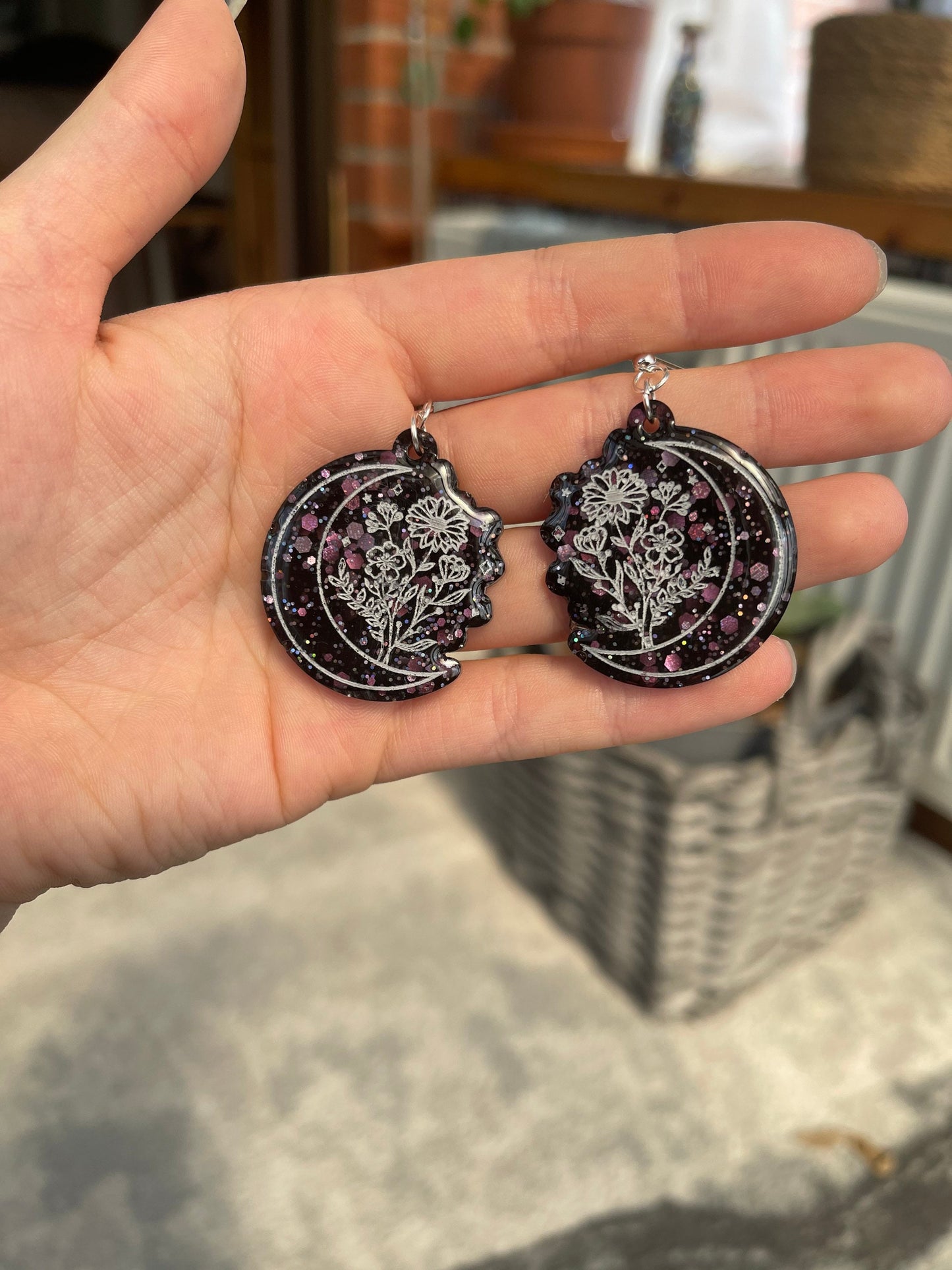 Black Glitter Wildflower Moon Earrings