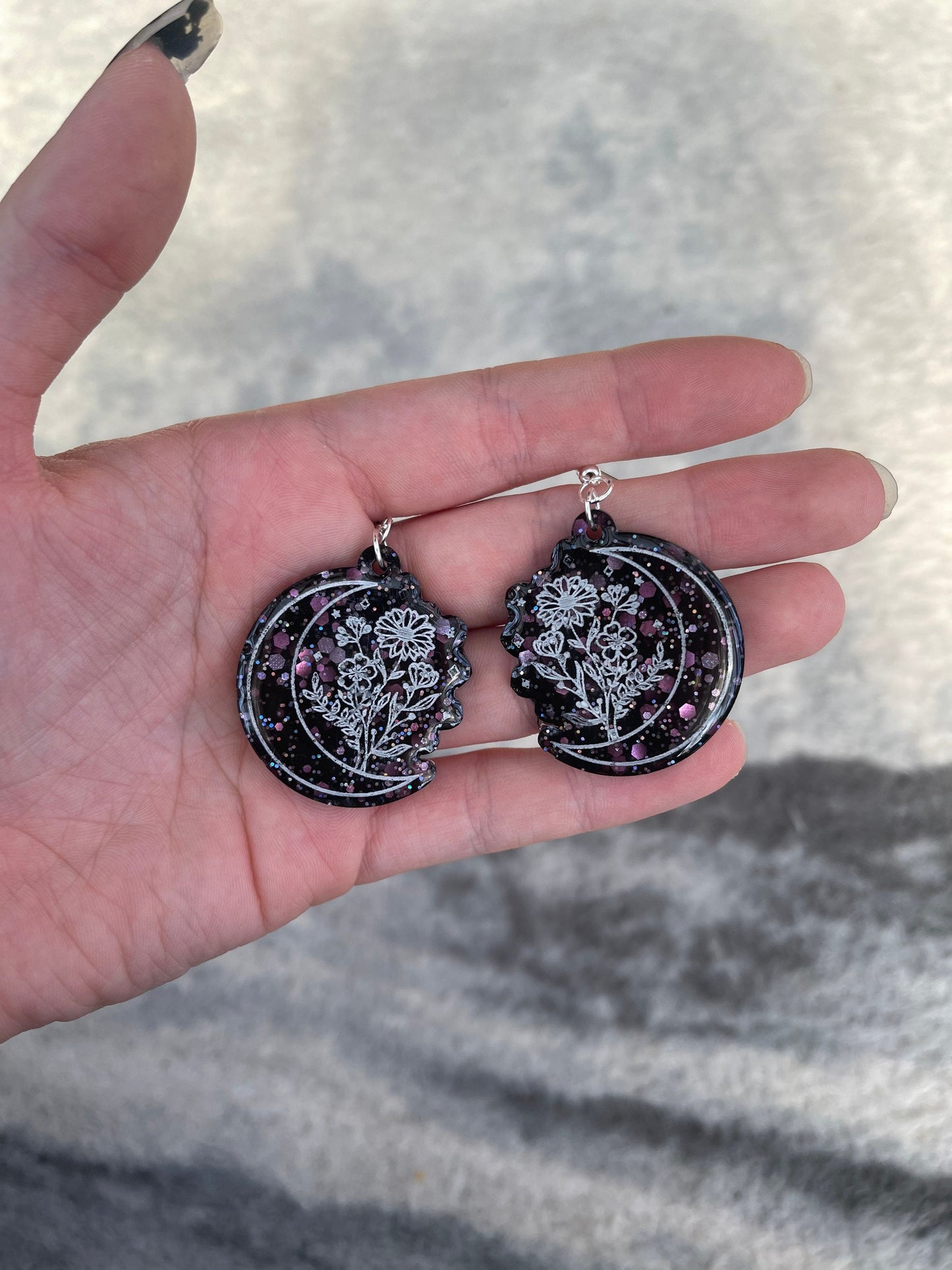 Black Glitter Wildflower Moon Earrings