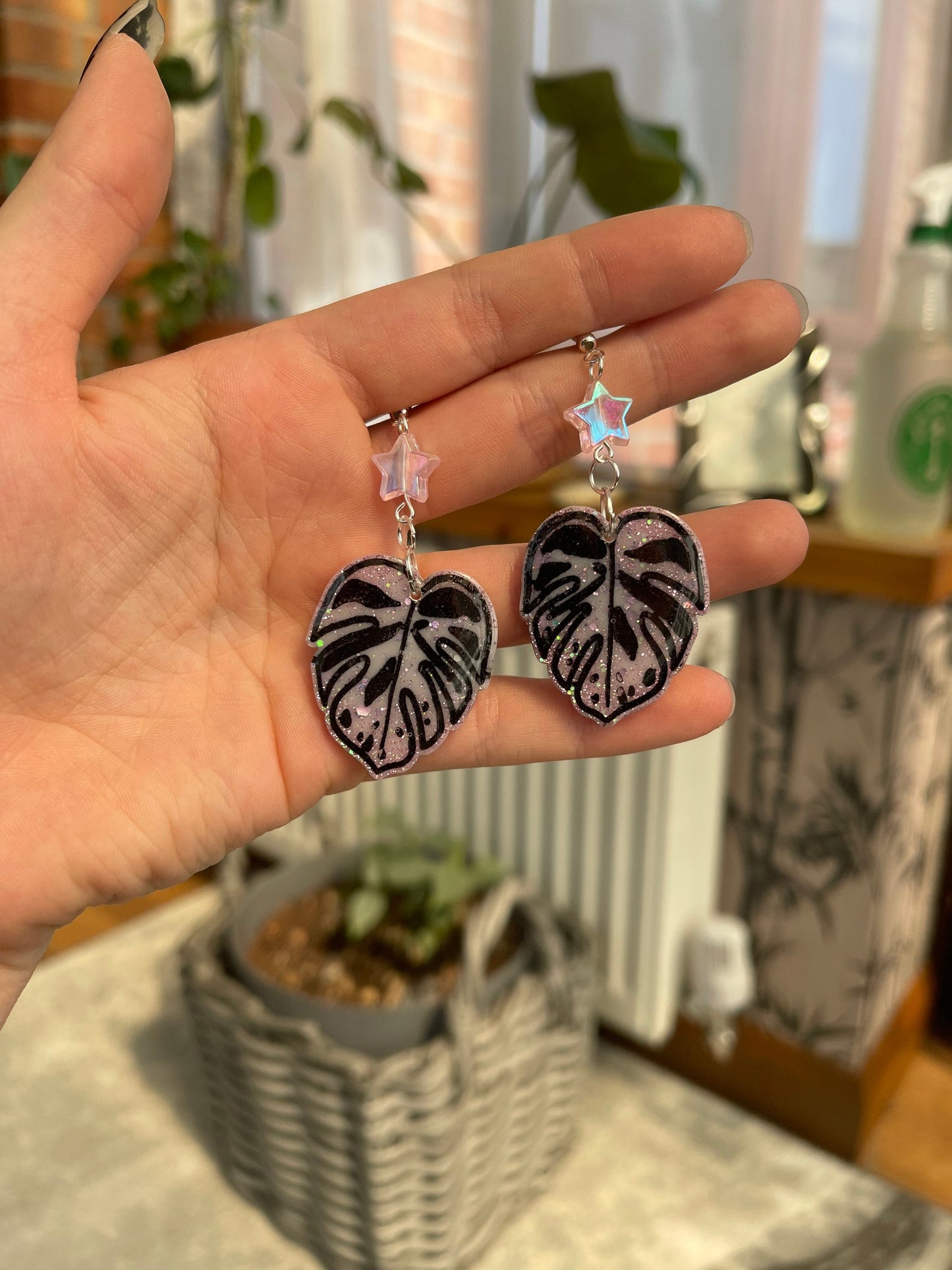 Pink and Lilac Monstera Leaf Earrings