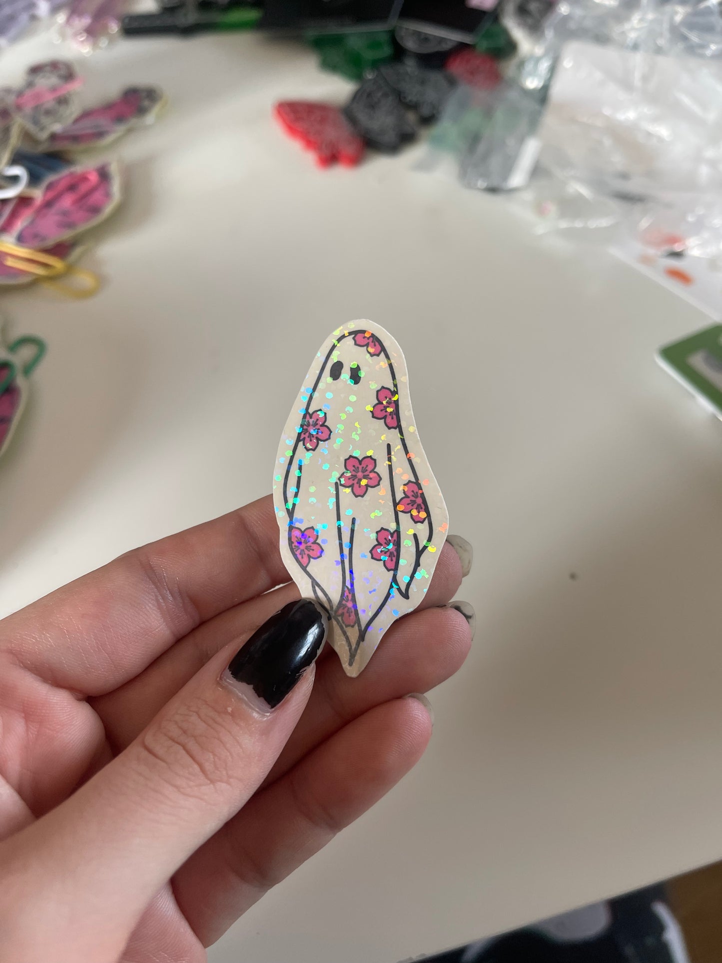 Glitter Holographic Sakura Ghost Sticker